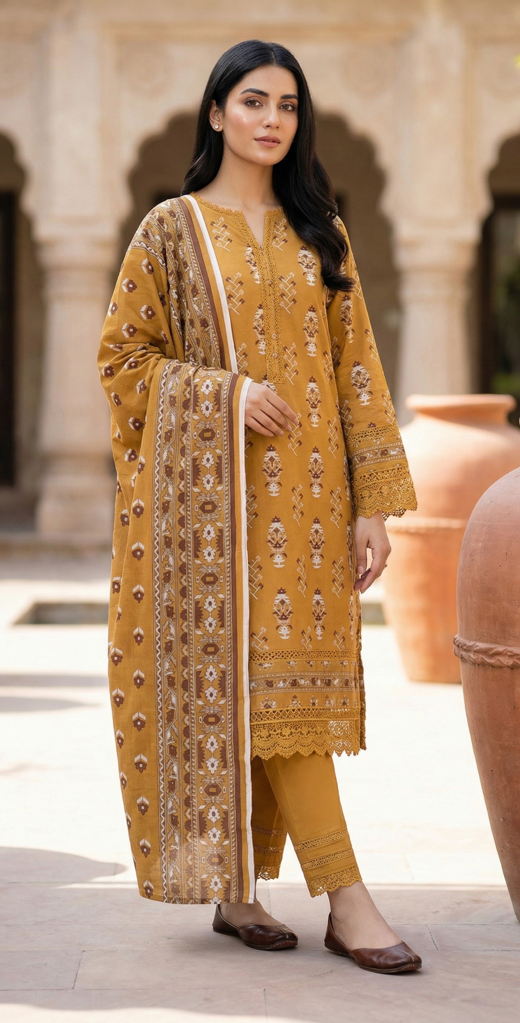 Keyseria By Jaffrani-3PC Unstitch Lawn (Mustard)
