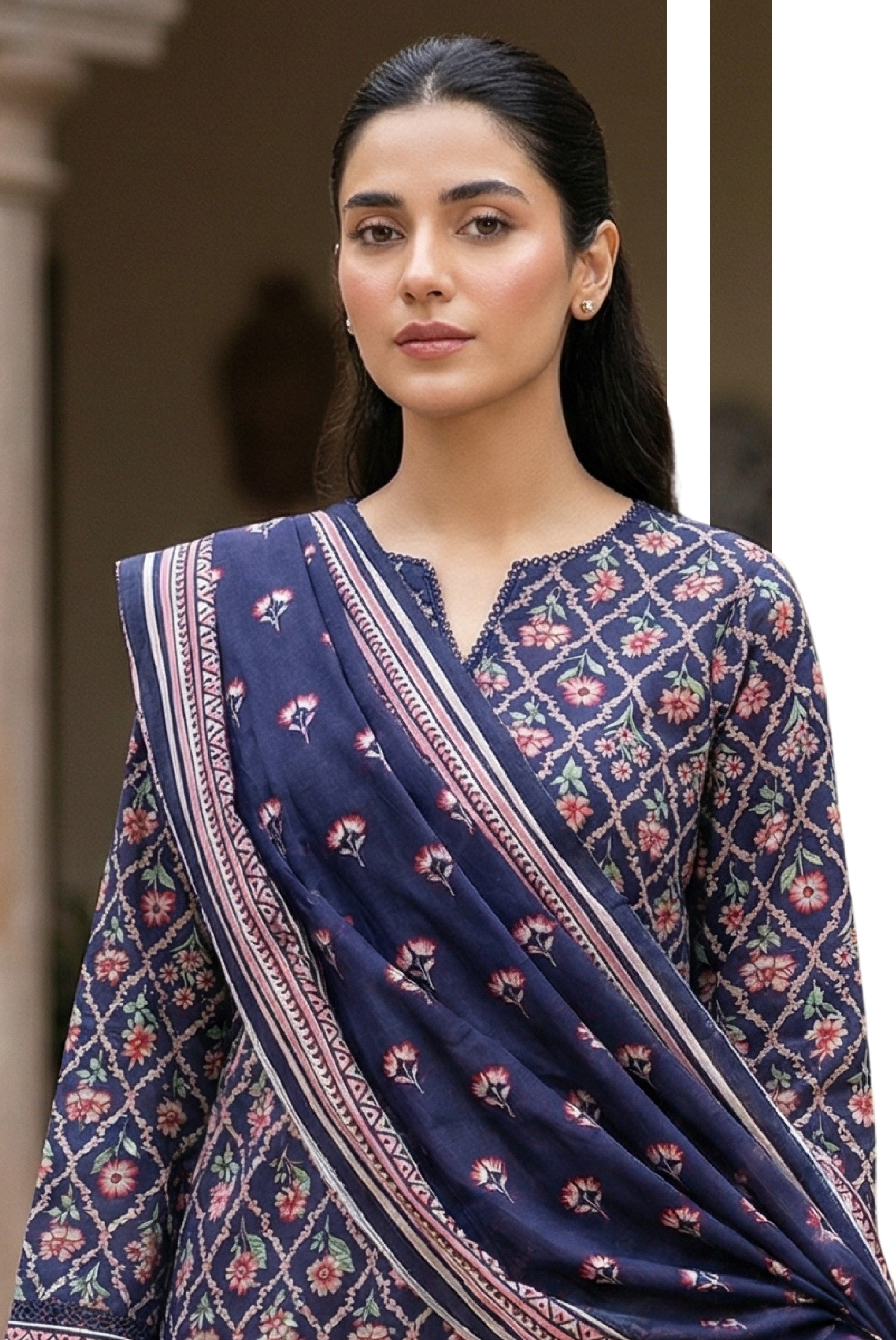 Keyseria By Jaffrani-3PC Unstitch Lawn (Navy blue)