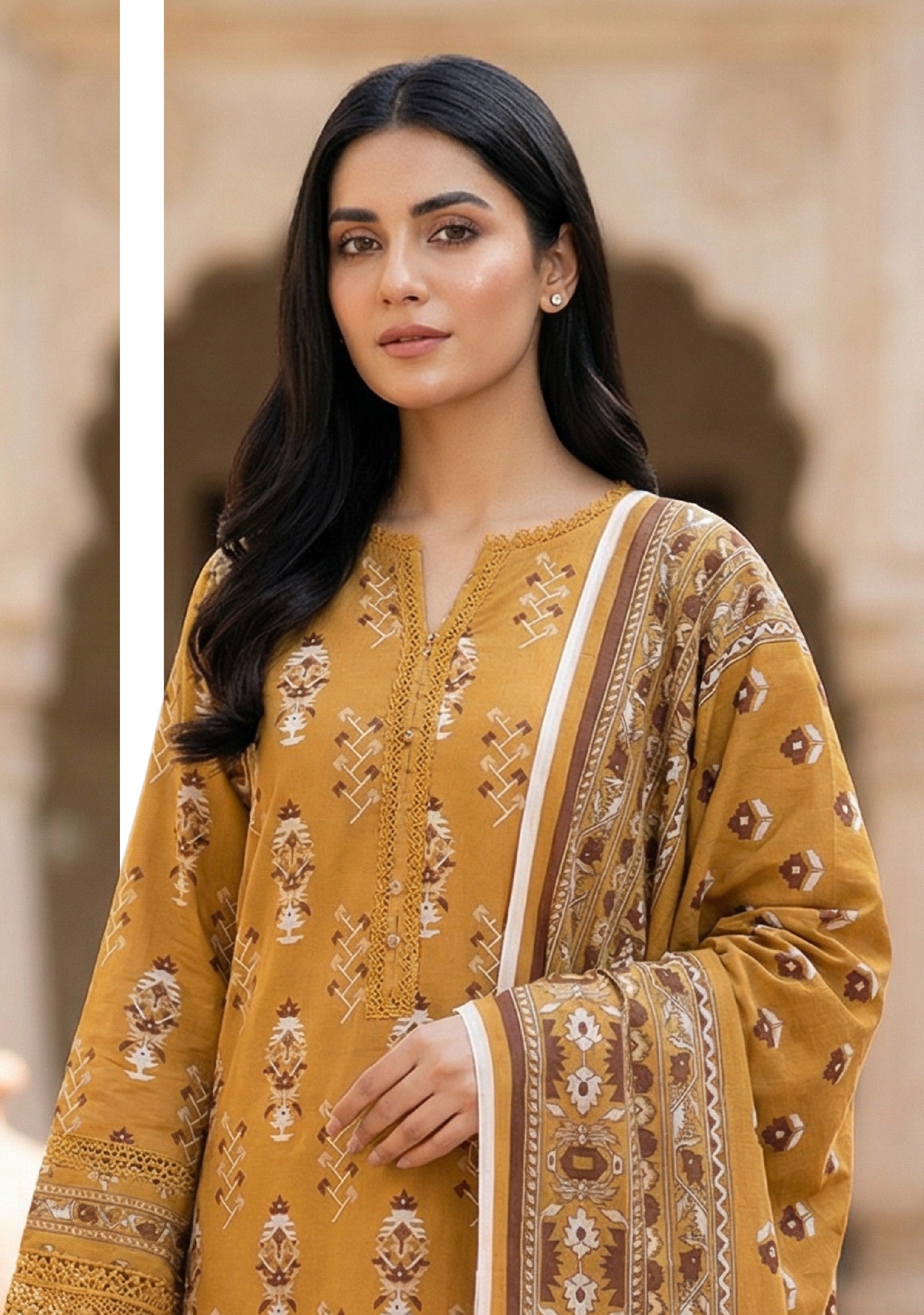 Keyseria By Jaffrani-3PC Unstitch Lawn (Mustard)