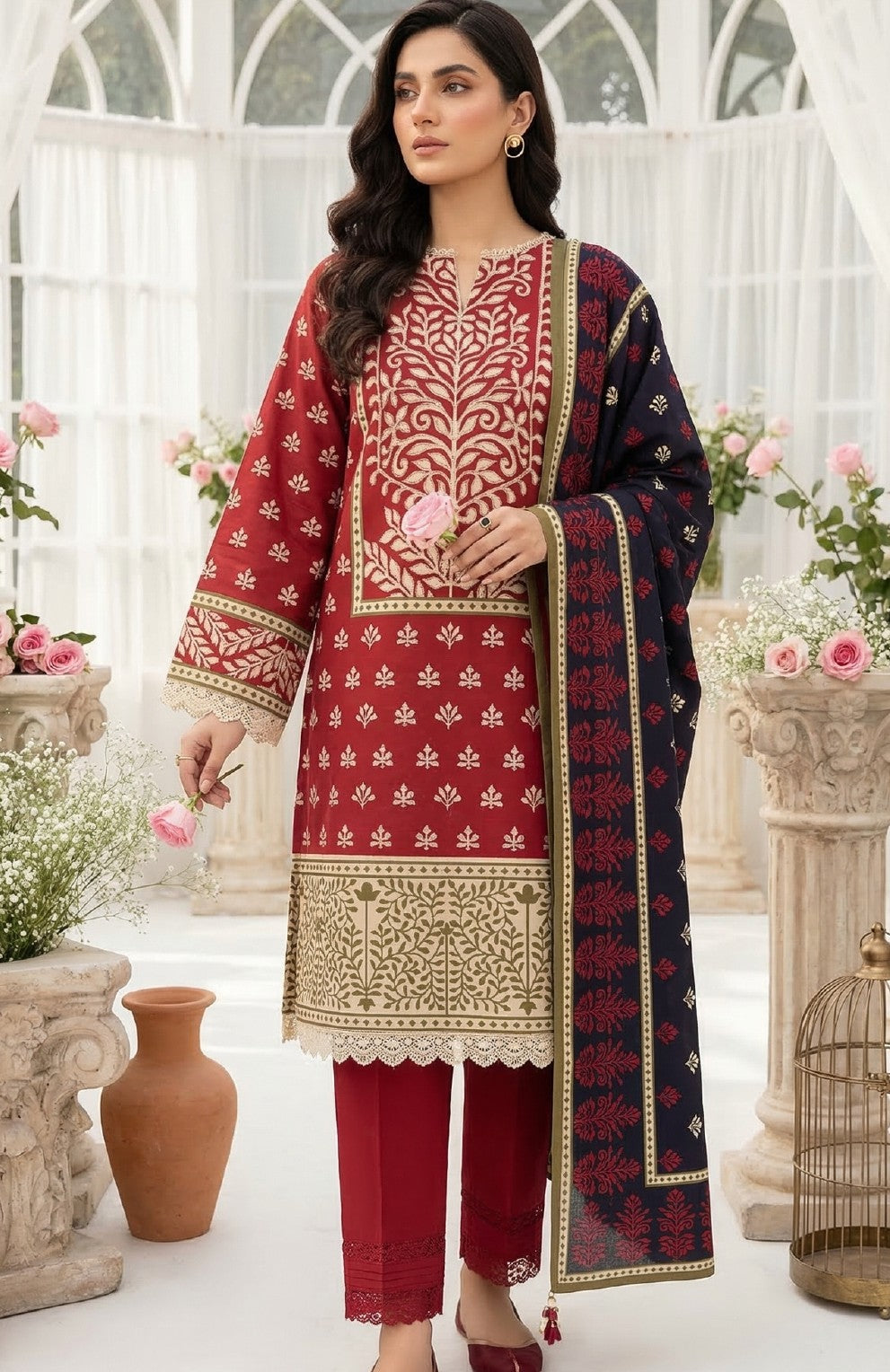 Keyseria By Jaffrani-3PC Unstitch Lawn Chaper-4-(Mahroon)