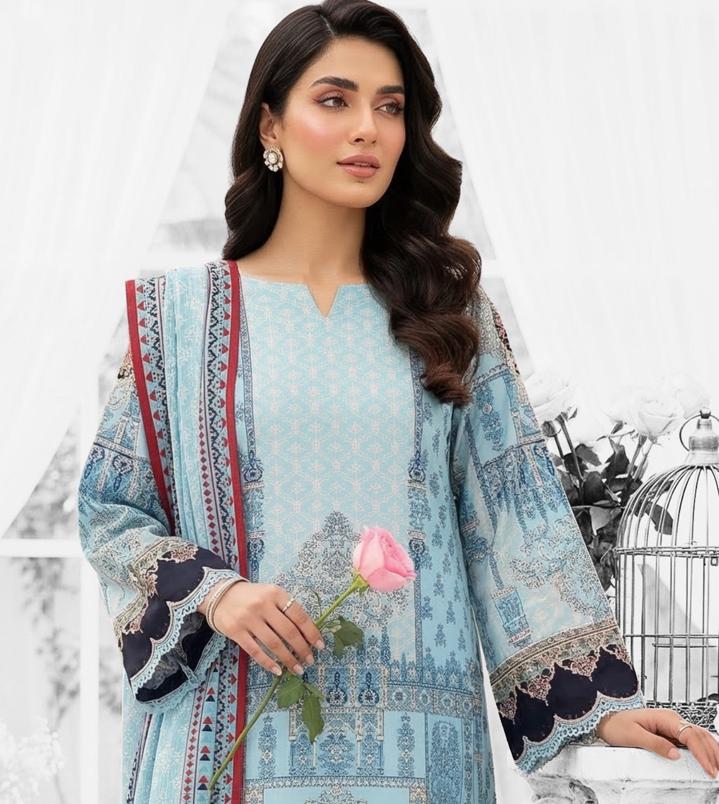 Keyseria By Jaffrani-3PC Unstitch Lawn Chaper-4-(Light Blue)