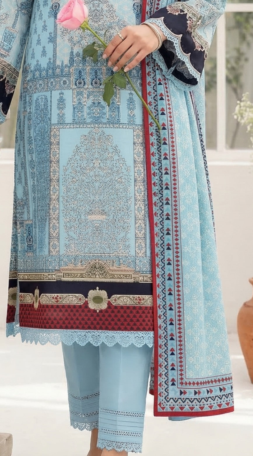 Keyseria By Jaffrani-3PC Unstitch Lawn Chaper-4-(Light Blue)