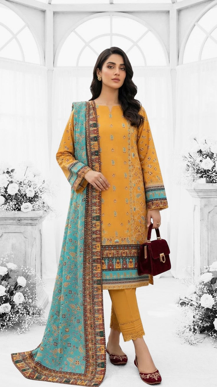 Keyseria By Jaffrani-3PC Unstitch Lawn Chaper-4-(Mustard)