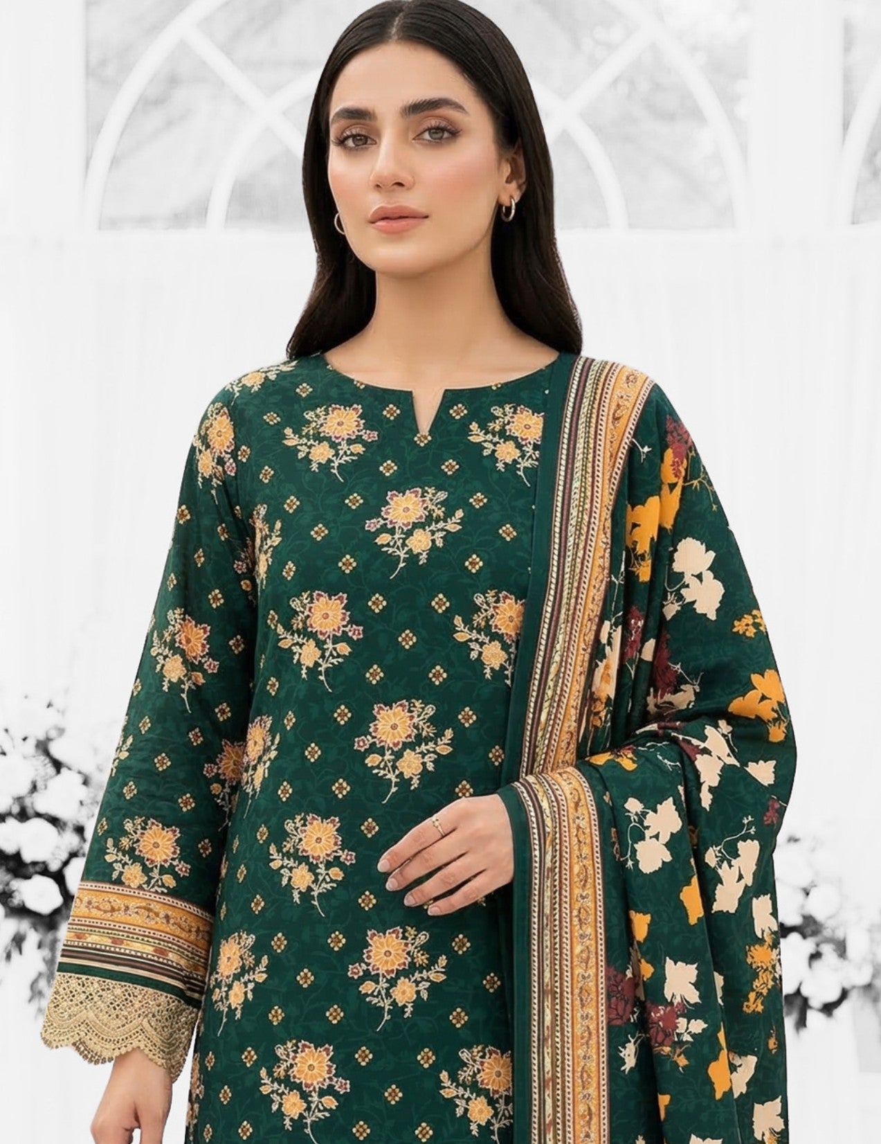 Keyseria By Jaffrani-3PC Unstitch Lawn Chaper-4-(Dark green)