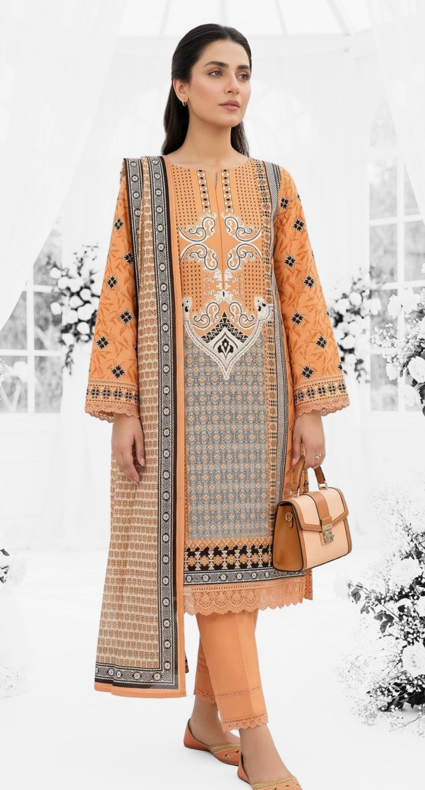 Keyseria By Jaffrani-3PC Unstitch Lawn Chaper-4-(Orange rust)