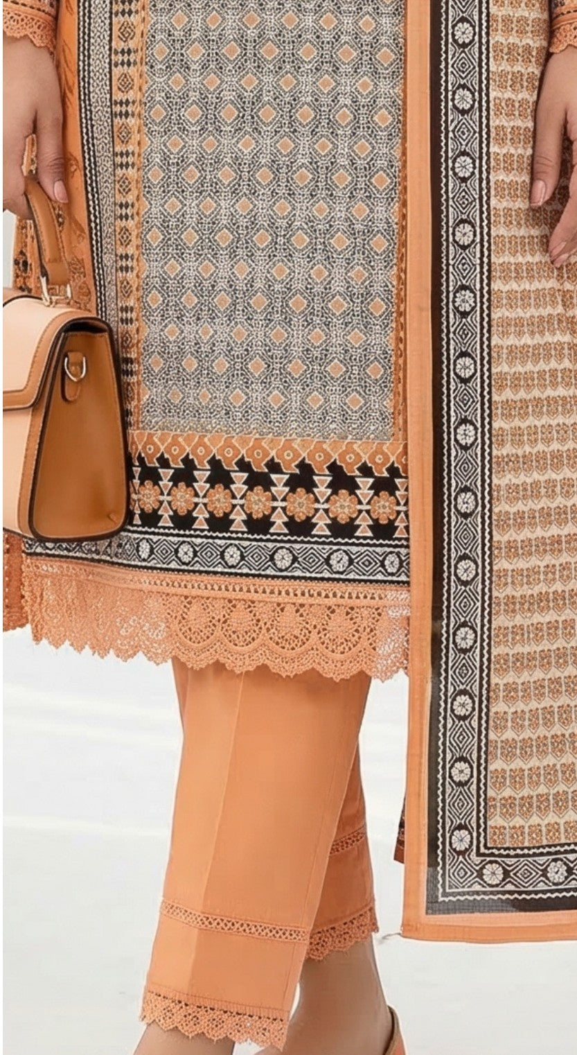 Keyseria By Jaffrani-3PC Unstitch Lawn Chaper-4-(Orange rust)