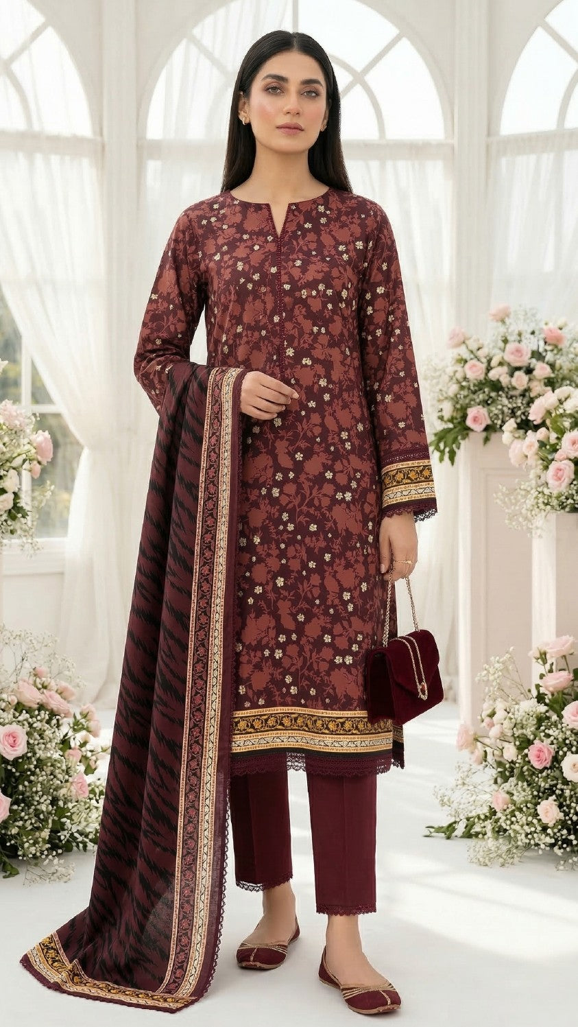 Keyseria By Jaffrani-3PC Unstitch Lawn Chaper-4-(Metallic brown)