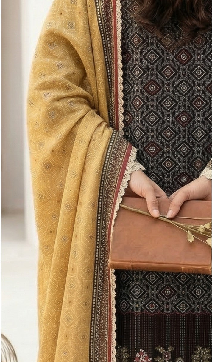 Keyseria By Jaffrani-3PC Unstitch Lawn Chapter-4-(Metallic brown)