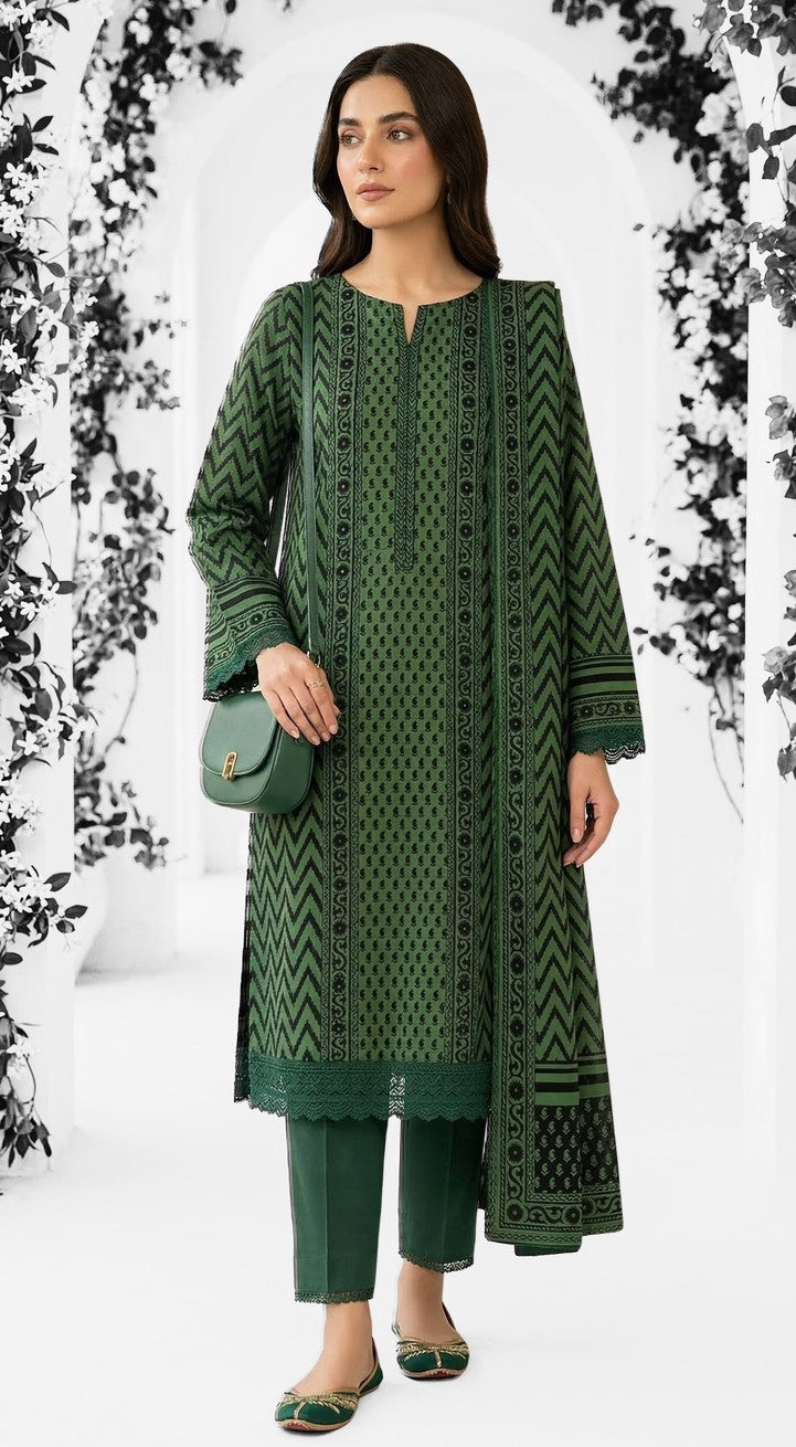 Keyseria By Jaffrani-3PC Unstitch Lawn Chaper-4-(Green pea)