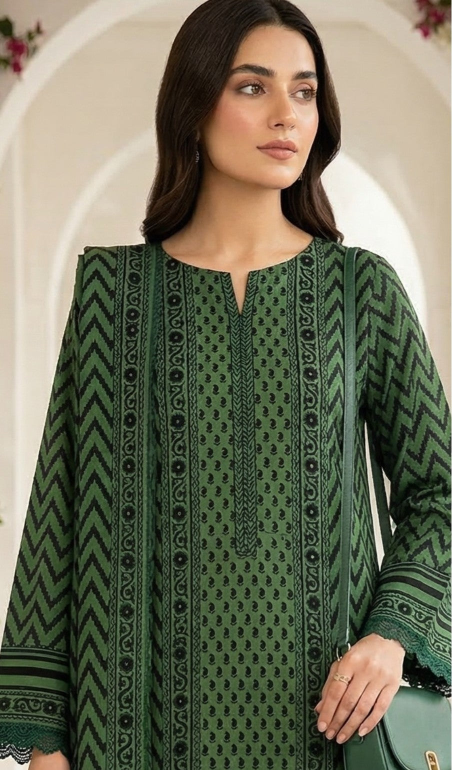 Keyseria By Jaffrani-3PC Unstitch Lawn Chaper-4-(Green pea)