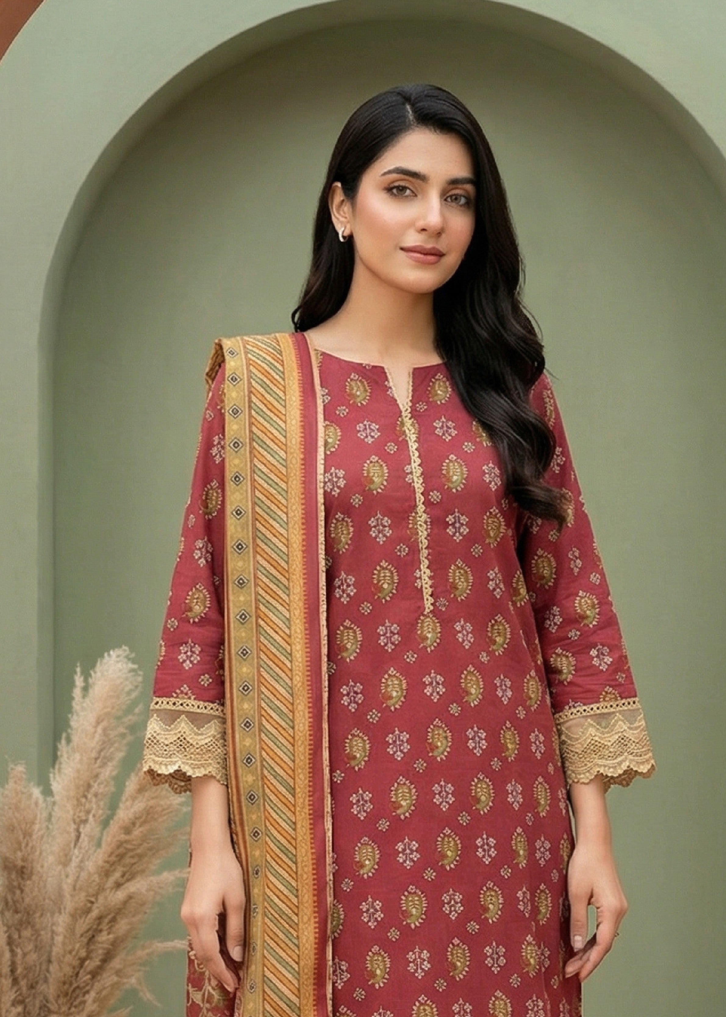 Keyseria By Jaffrani-3PC Unstitch Lawn (Light Maroon)