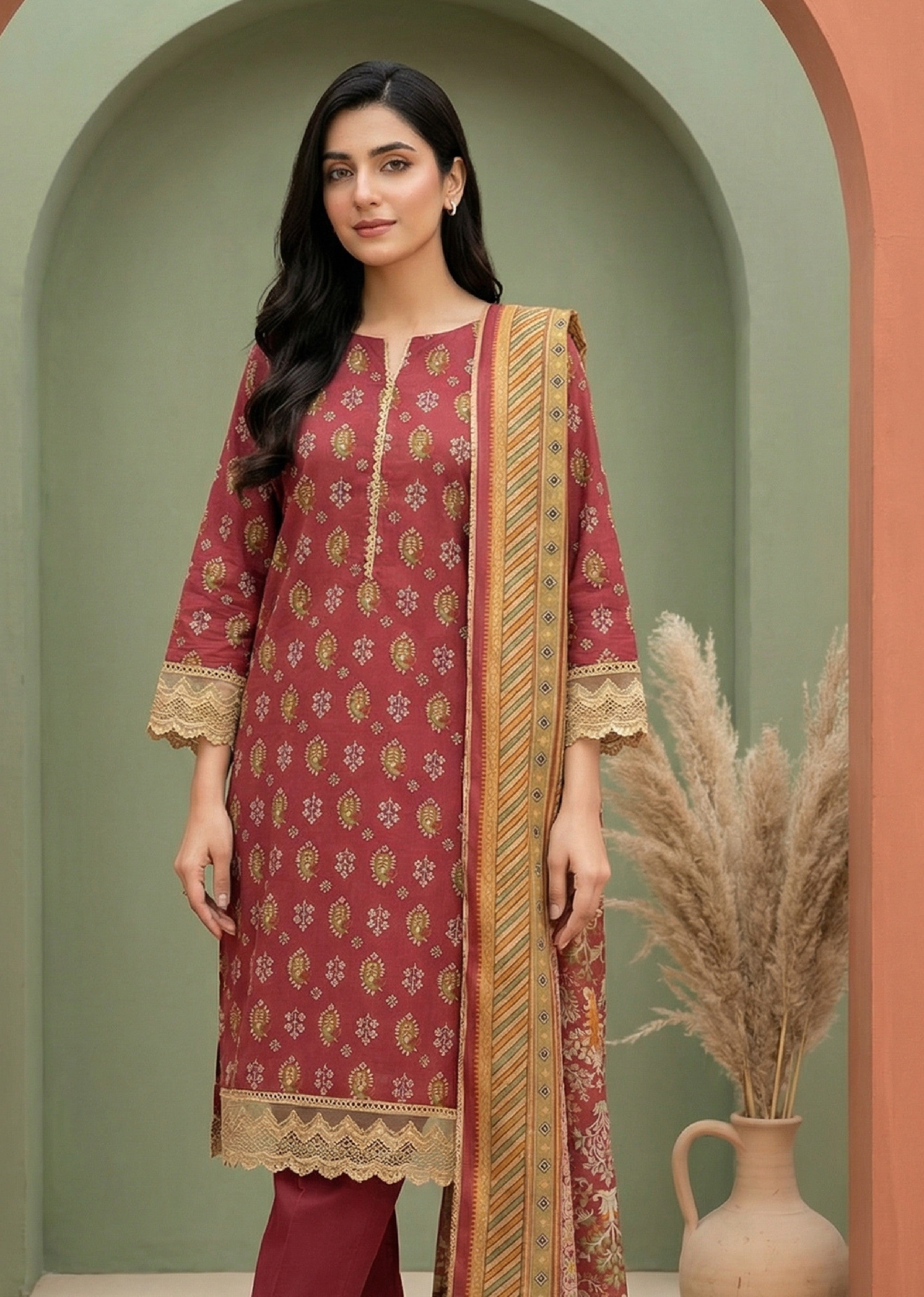 Keyseria By Jaffrani-3PC Unstitch Lawn (Light Maroon)