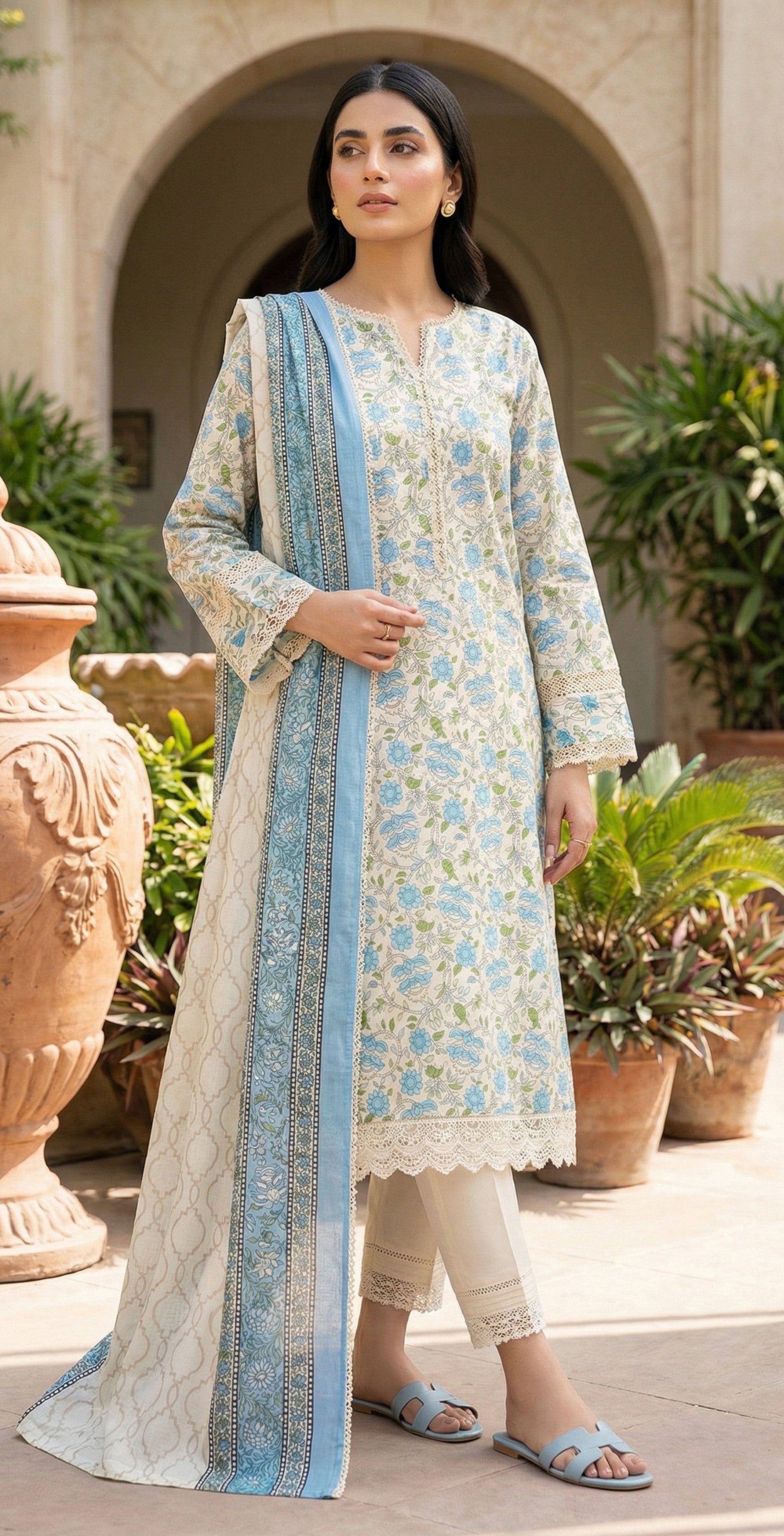 Keyseria By Jaffrani-3PC Unstitch Lawn (light blue)