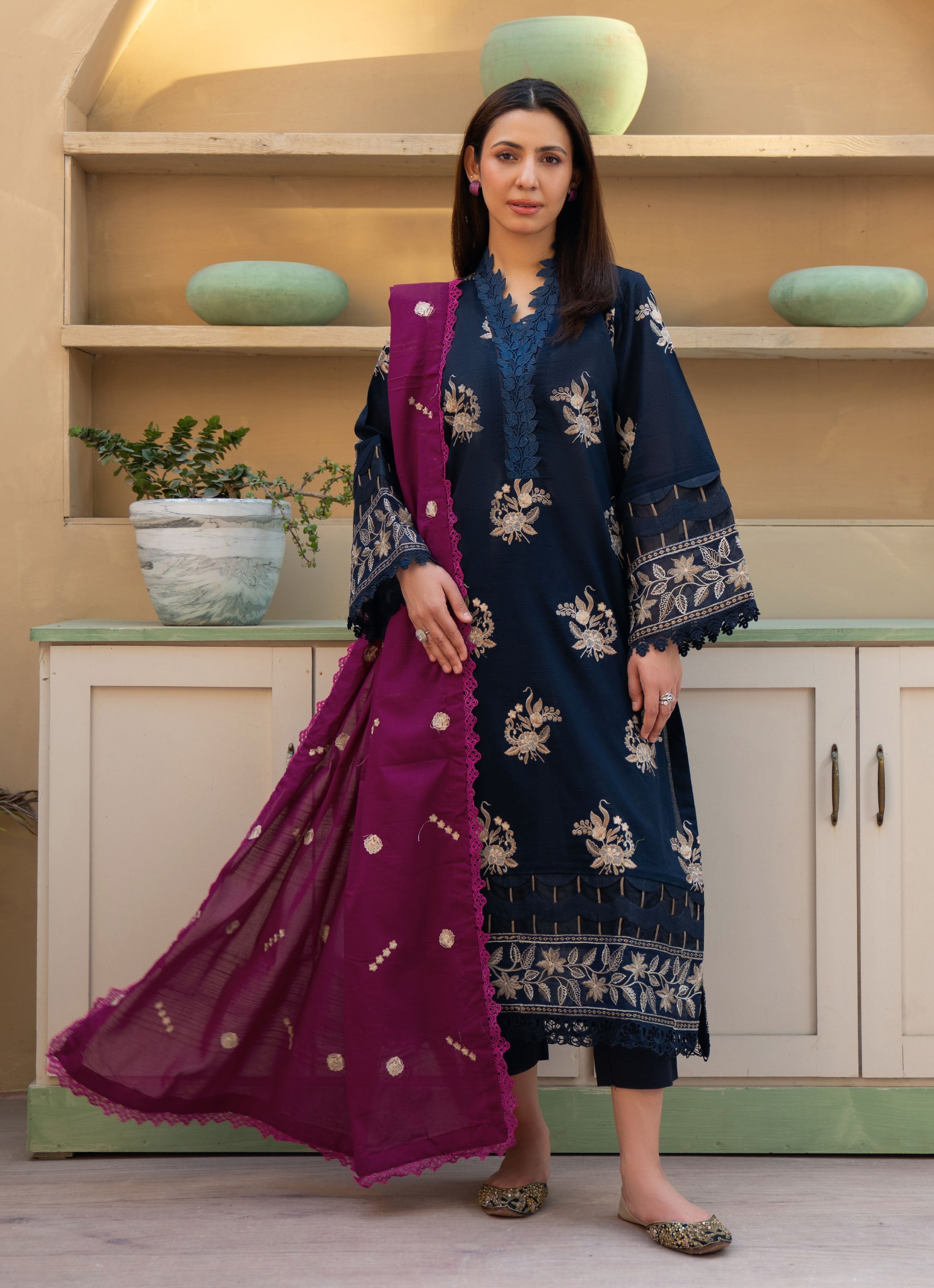 Khimar by Johra Embroidery-3PC Unstitch Lawn (Dark blue)