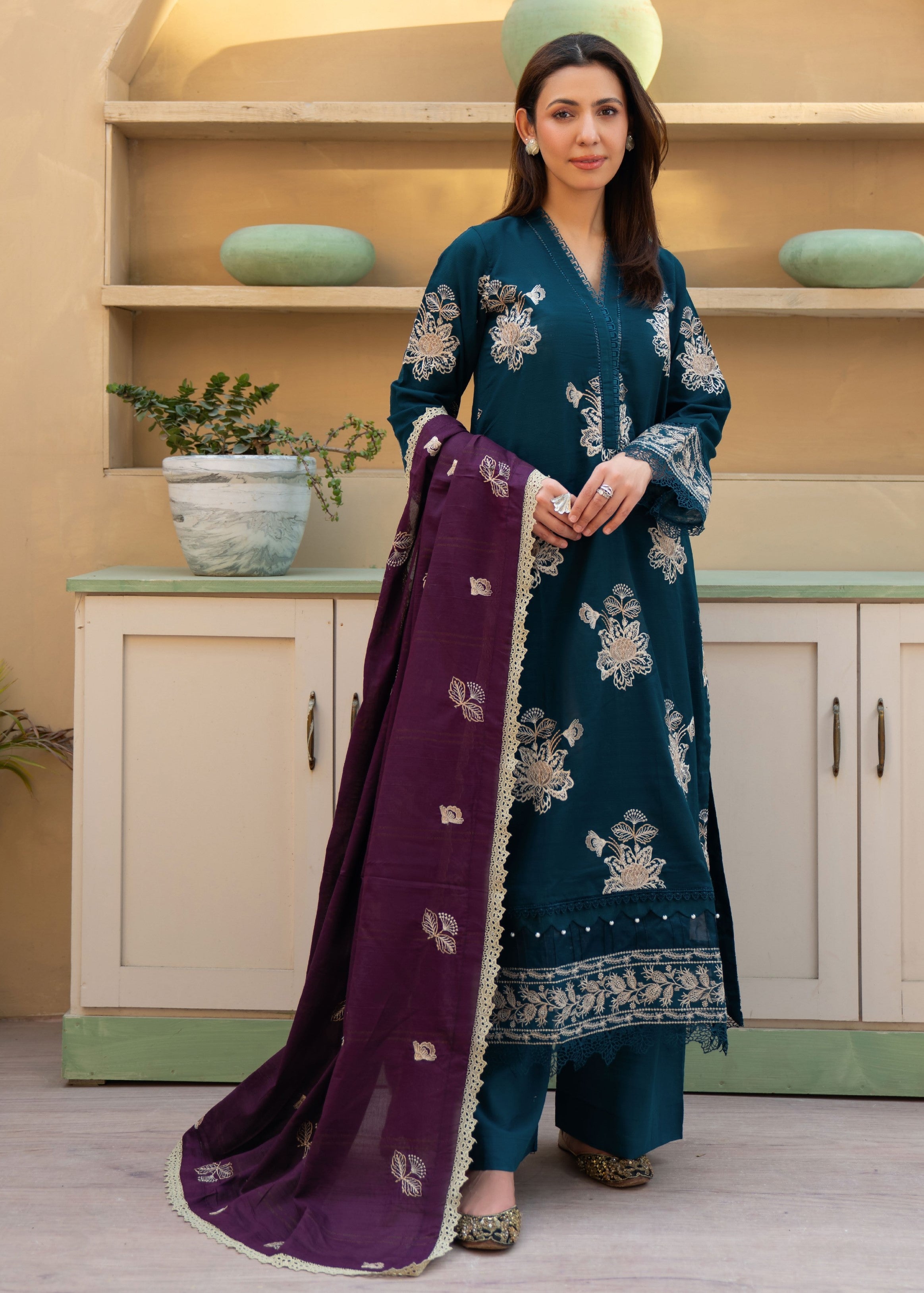 Khimar by Johra Embroidery-3PC Unstitch Lawn (Deep Sea Green)