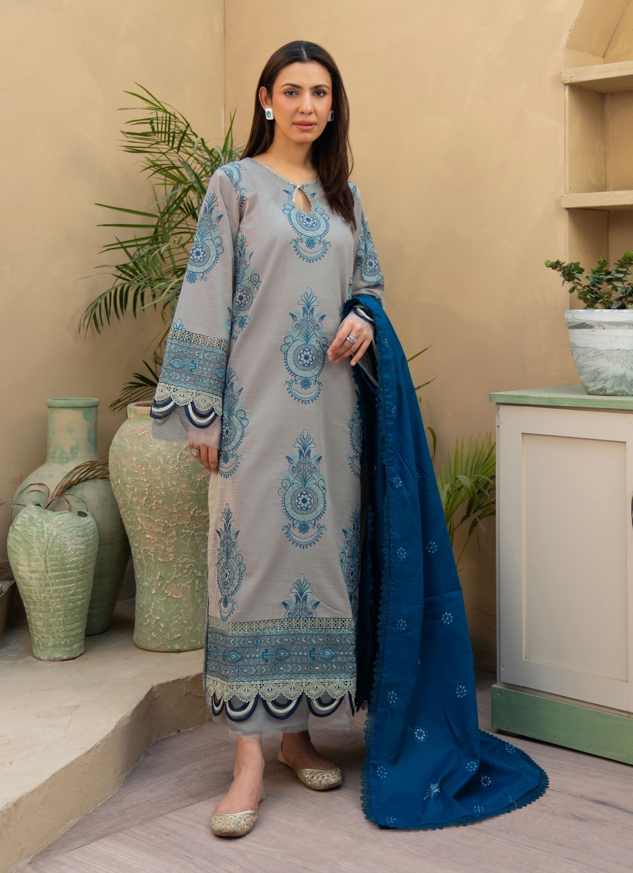 Khimar by Johra Embroidery-3PC Unstitch Lawn (Light Gray)