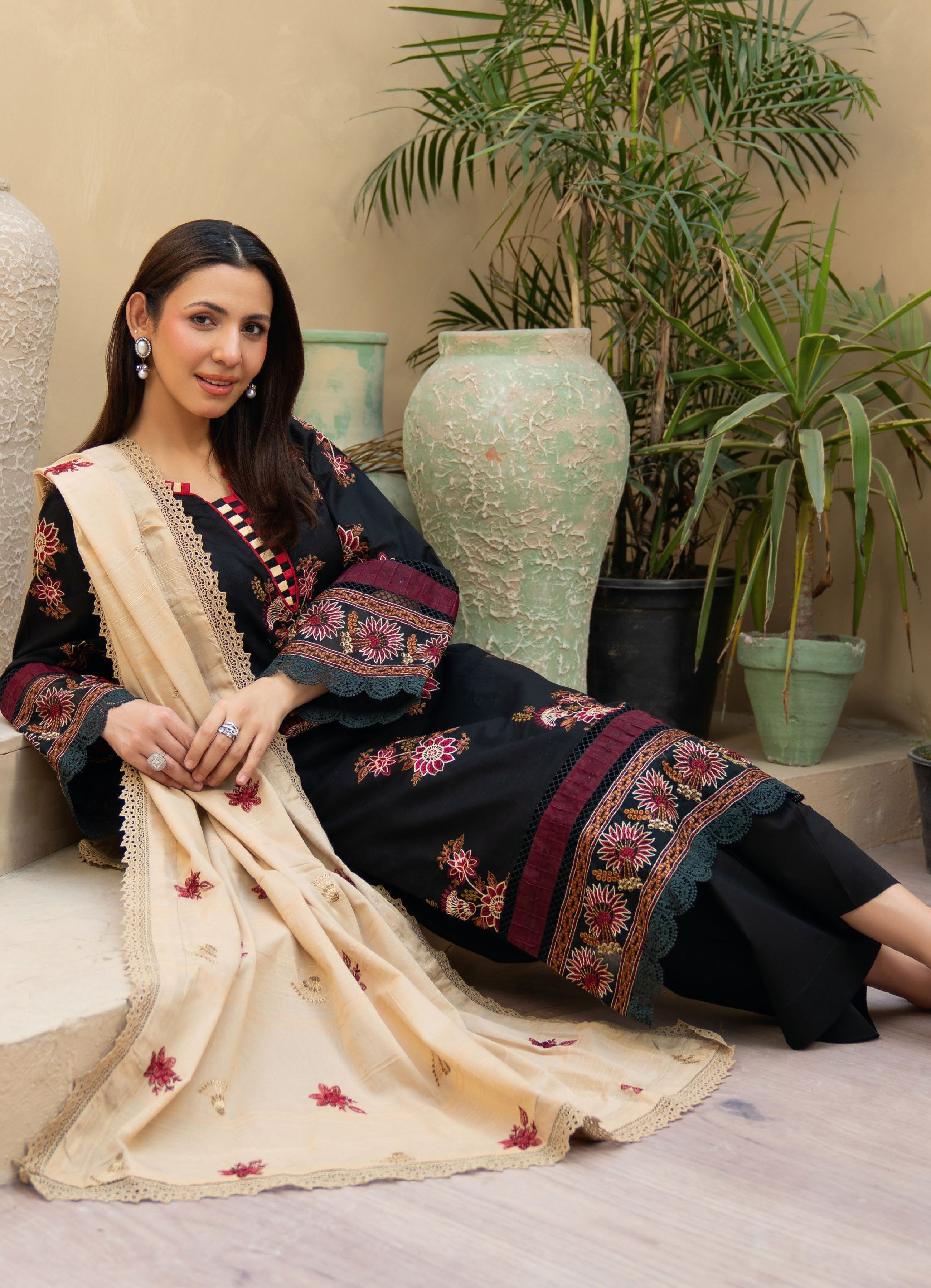 Khimar by Johra Embroidery-3PC Unstitch Lawn (Black & Red)