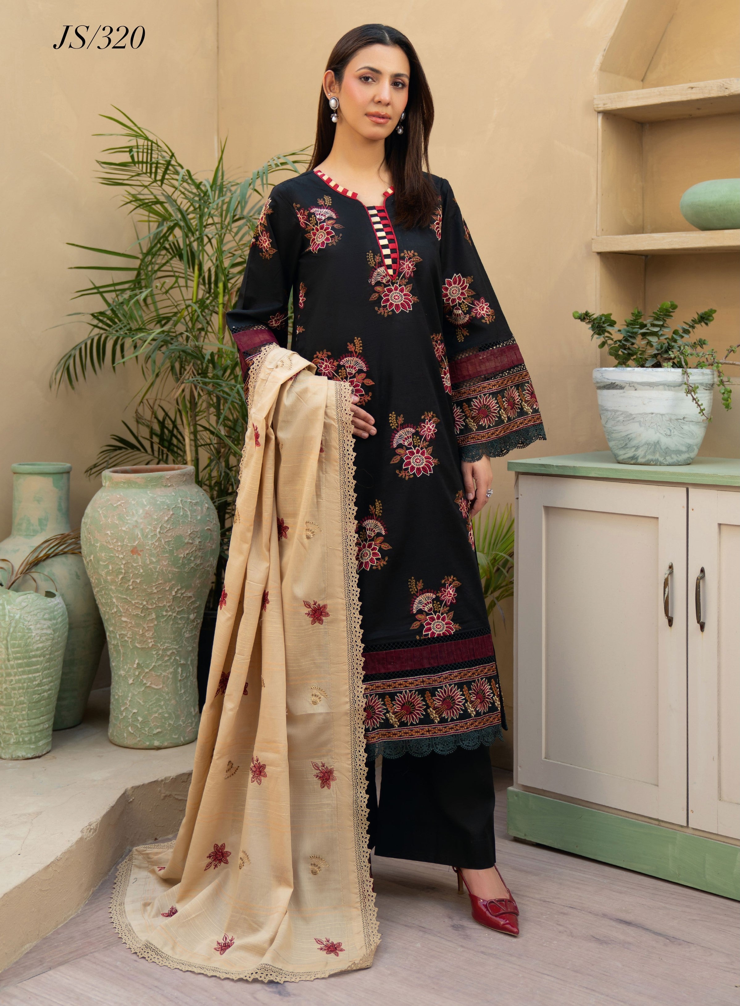 Khimar by Johra Embroidery-3PC Unstitch Lawn (Black & Red)