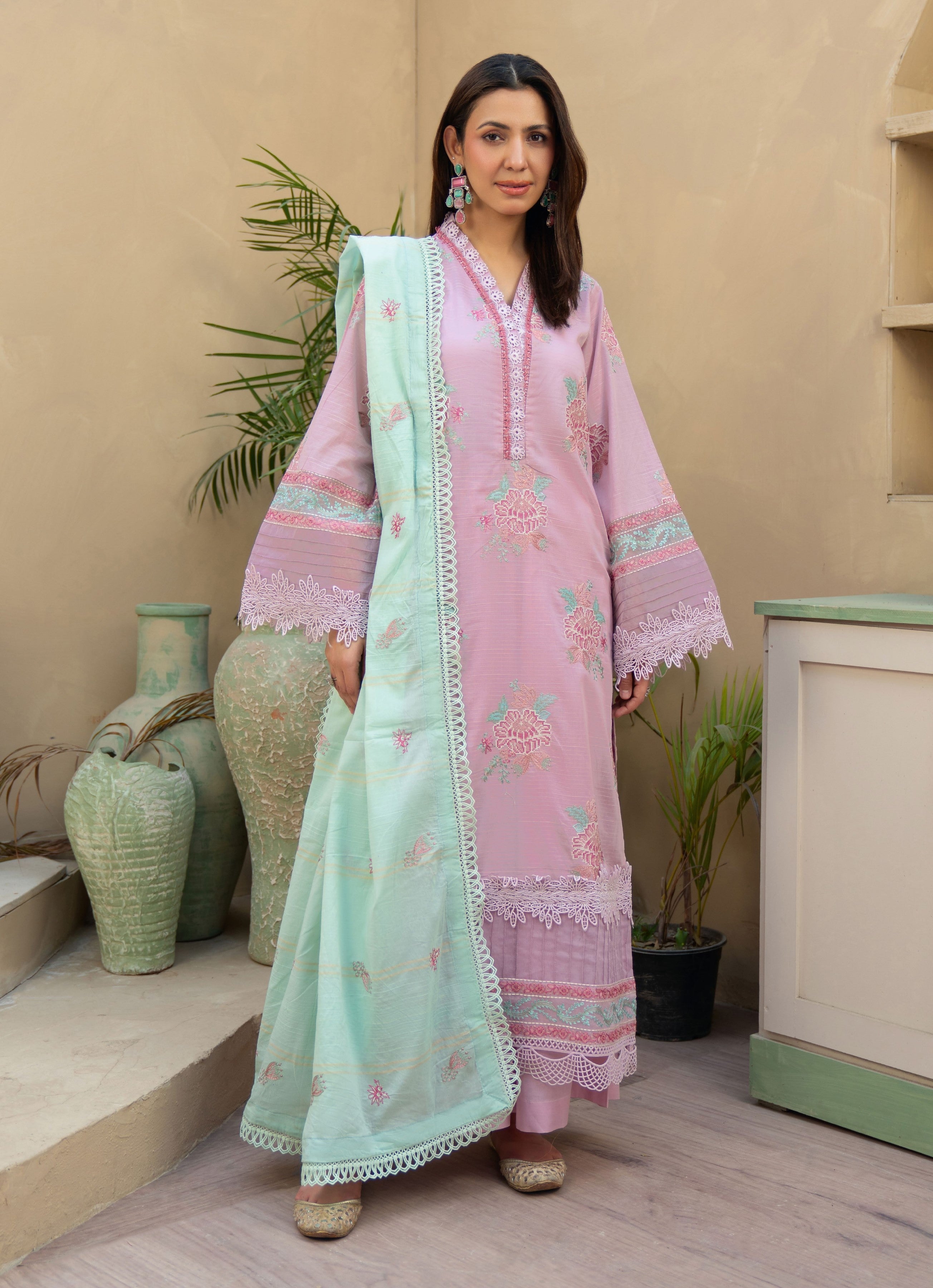 Khimar by Johra Embroidery-3PC Unstitch Lawn (Lite pink)