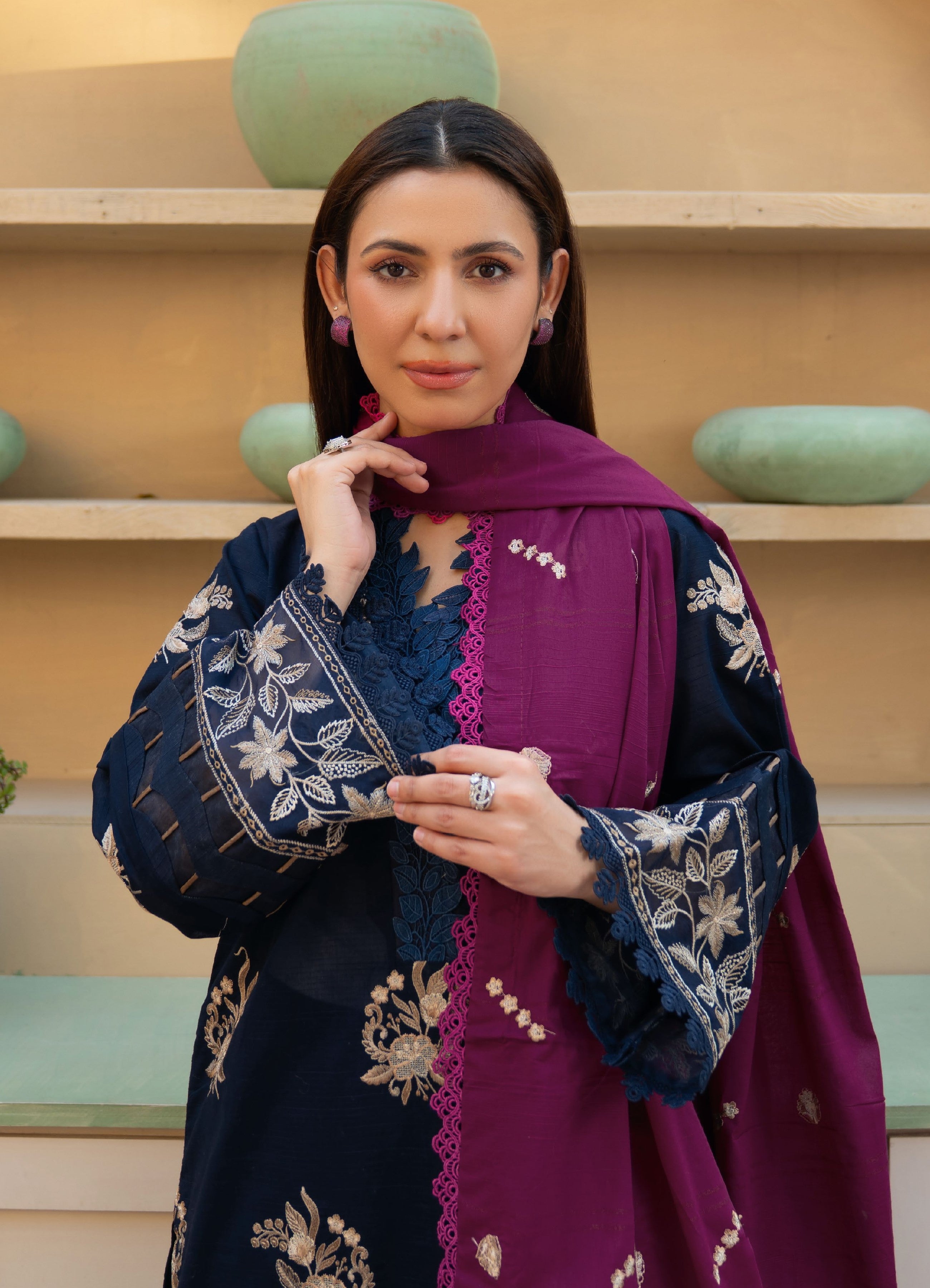 Khimar by Johra Embroidery-3PC Unstitch Lawn (Dark blue)