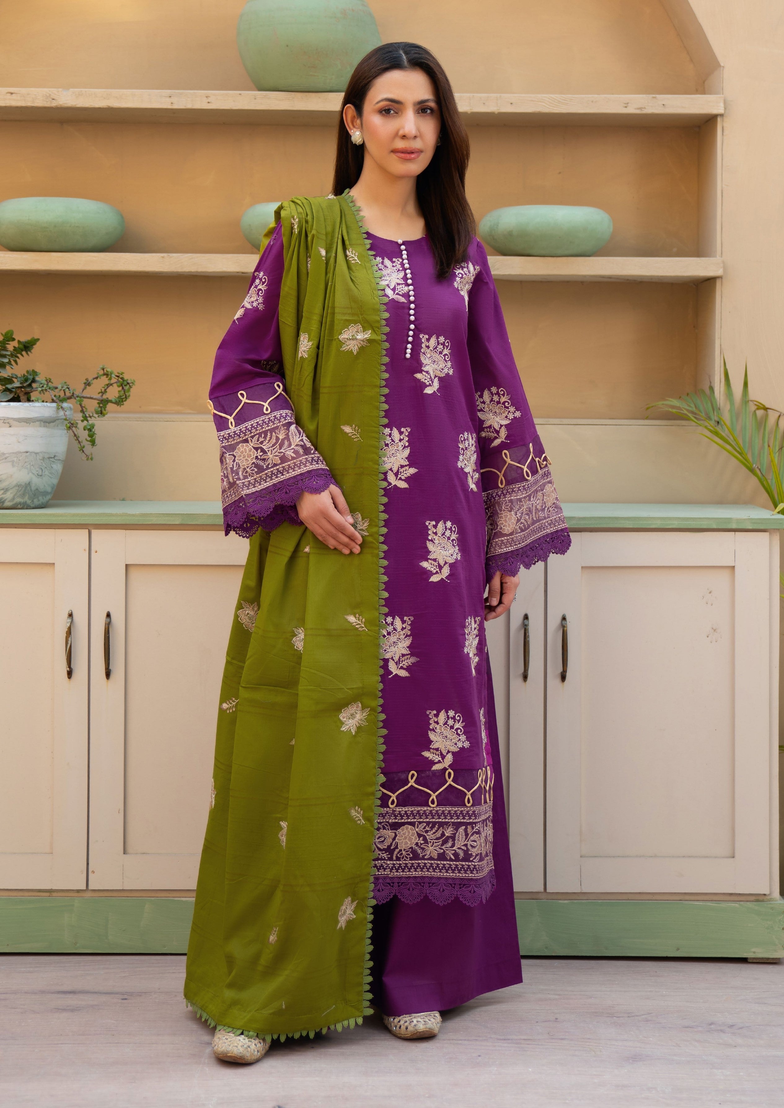 Khimar by Johra Embroidery-3PC Unstitch Lawn (Trendy purple)