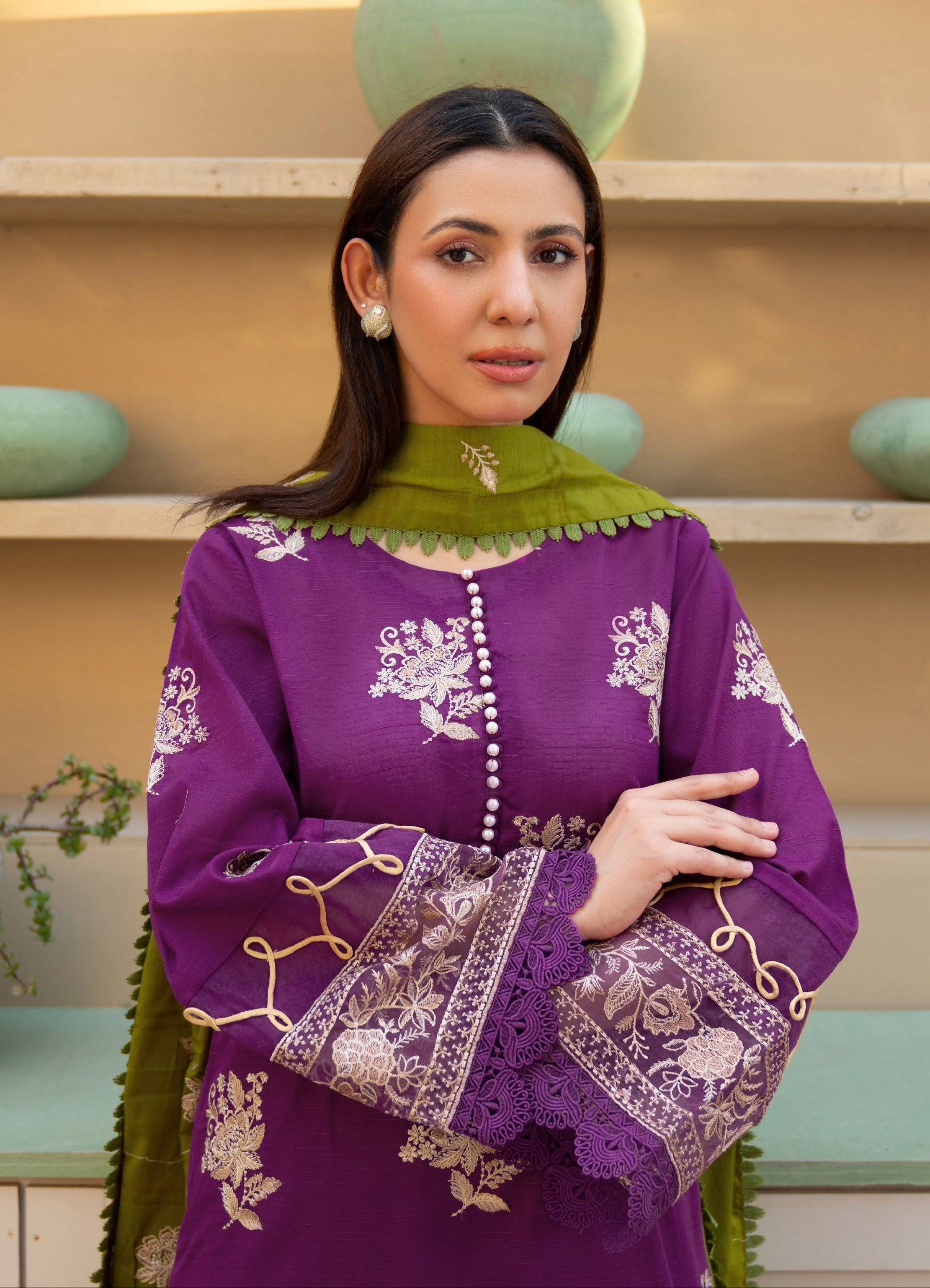 Khimar by Johra Embroidery-3PC Unstitch Lawn (Trendy purple)