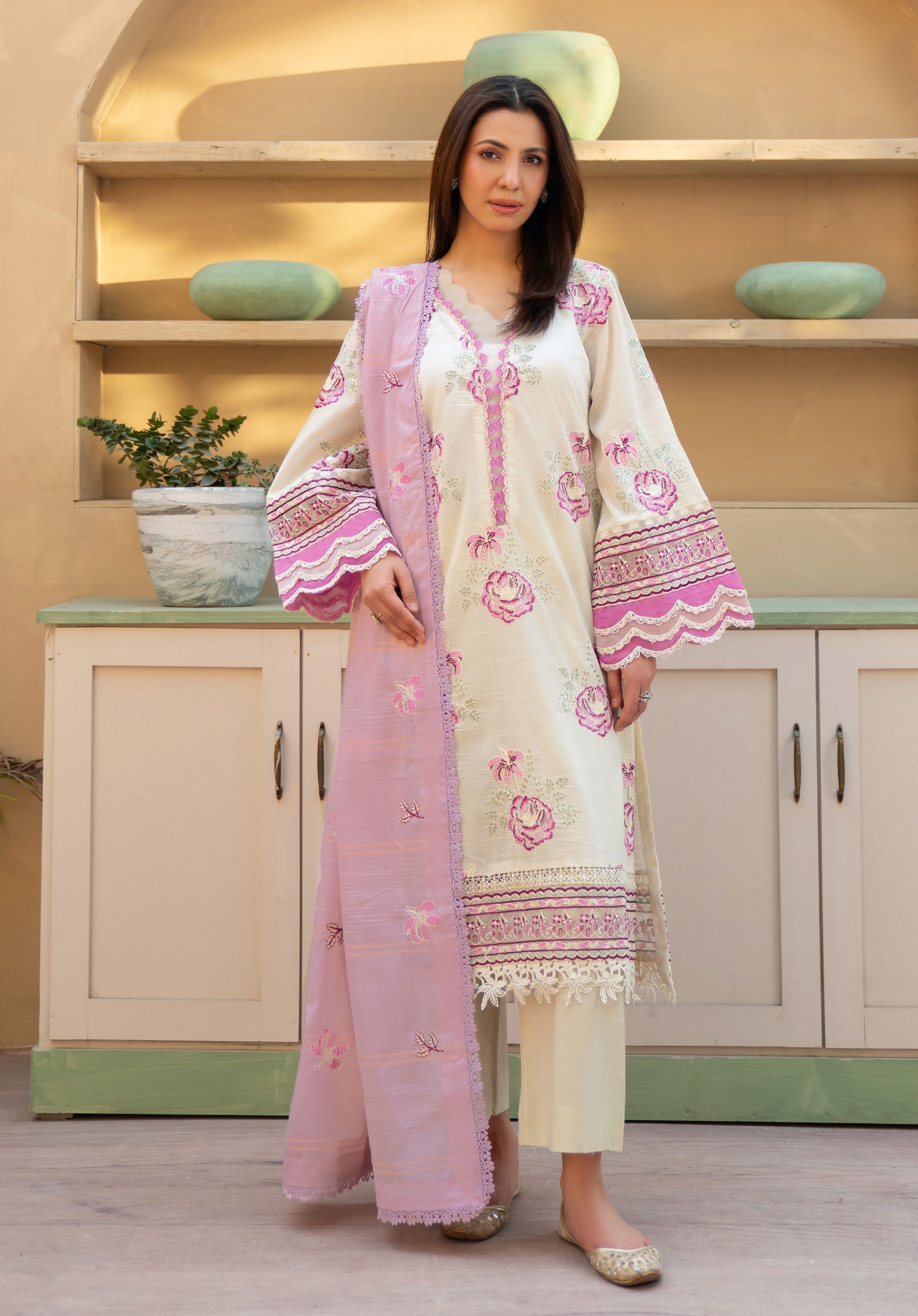 Khimar by Johra Embroidery-3PC Unstitch Lawn (ivory)