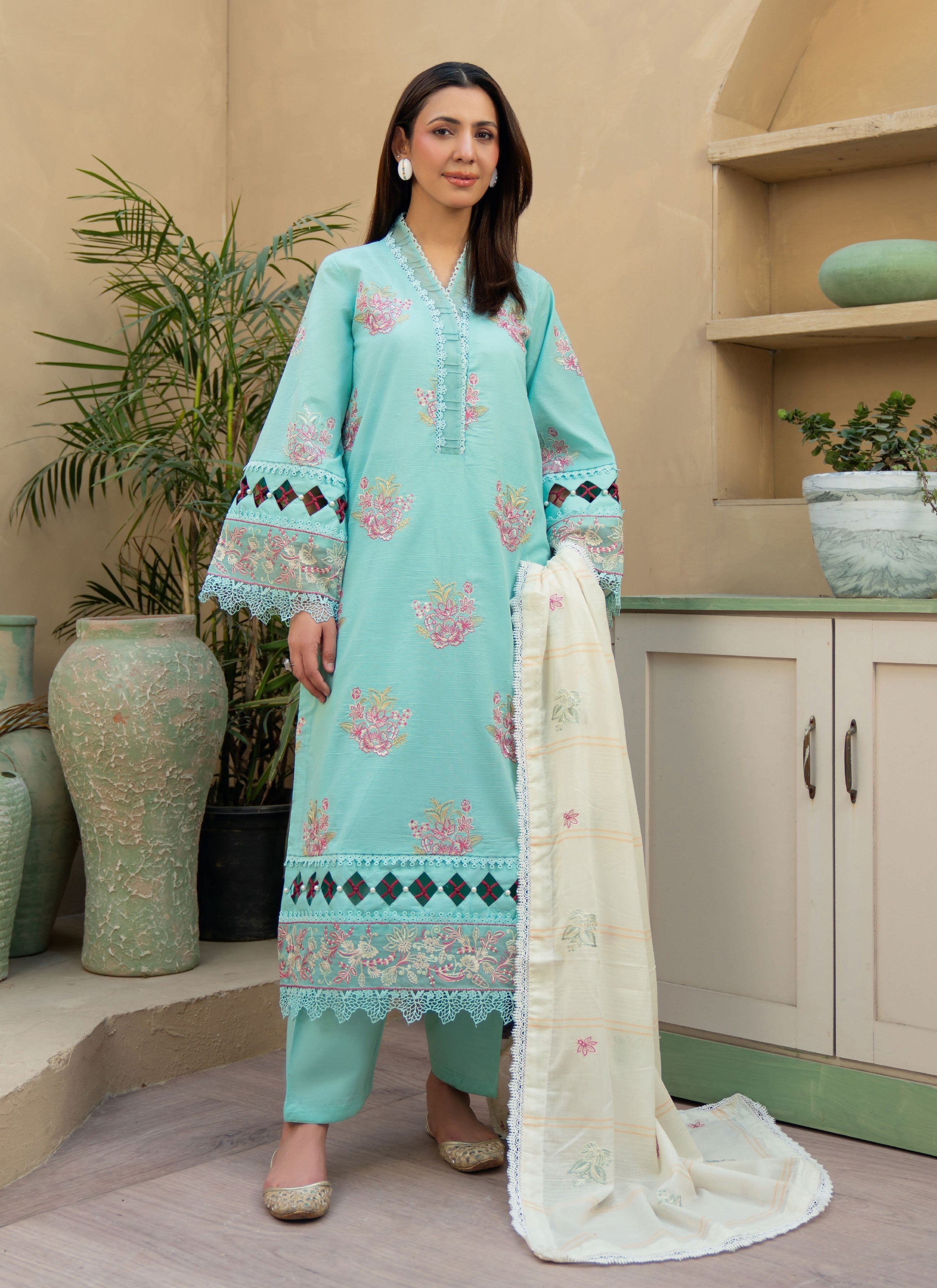 Khimar by Johra Embroidery-3PC Unstitch Lawn (Smalt blue)