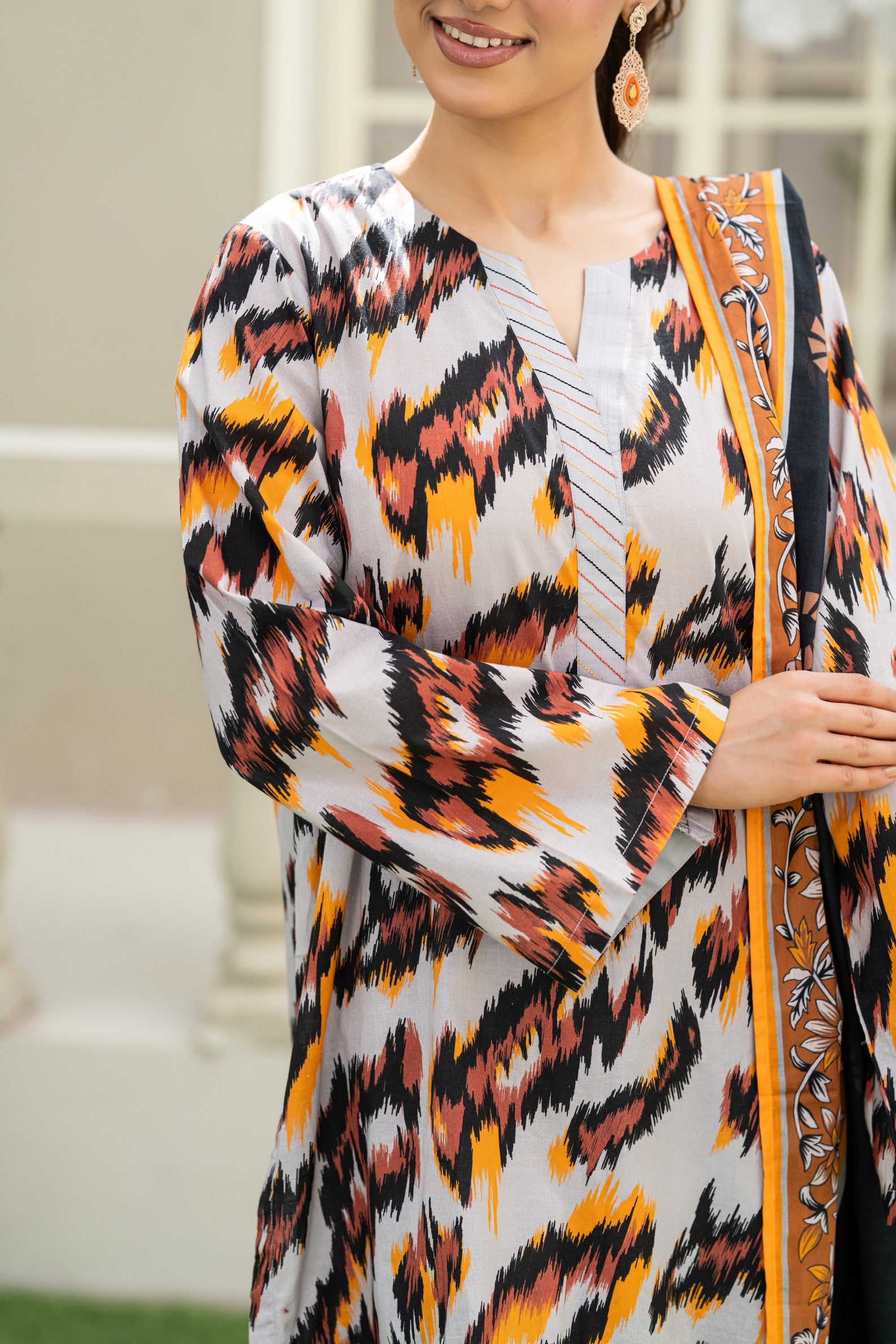 Sunset Ikat Elegance-3PC Printed Stitch Lawn Suit (Multi)-PV1-SV2