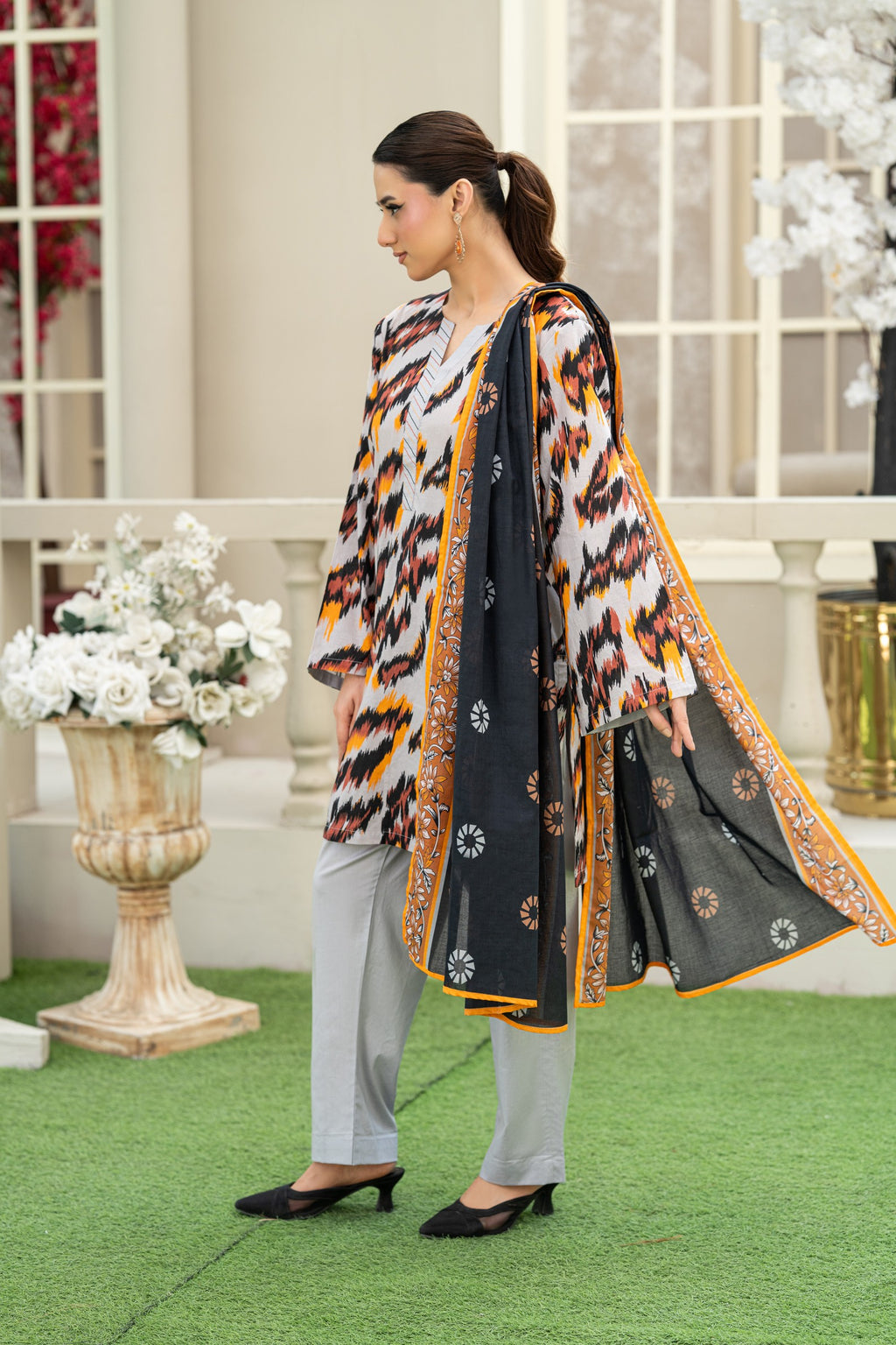 Sunset Ikat Elegance-3PC Printed Stitch Lawn Suit (Multi)-PV1-SV2