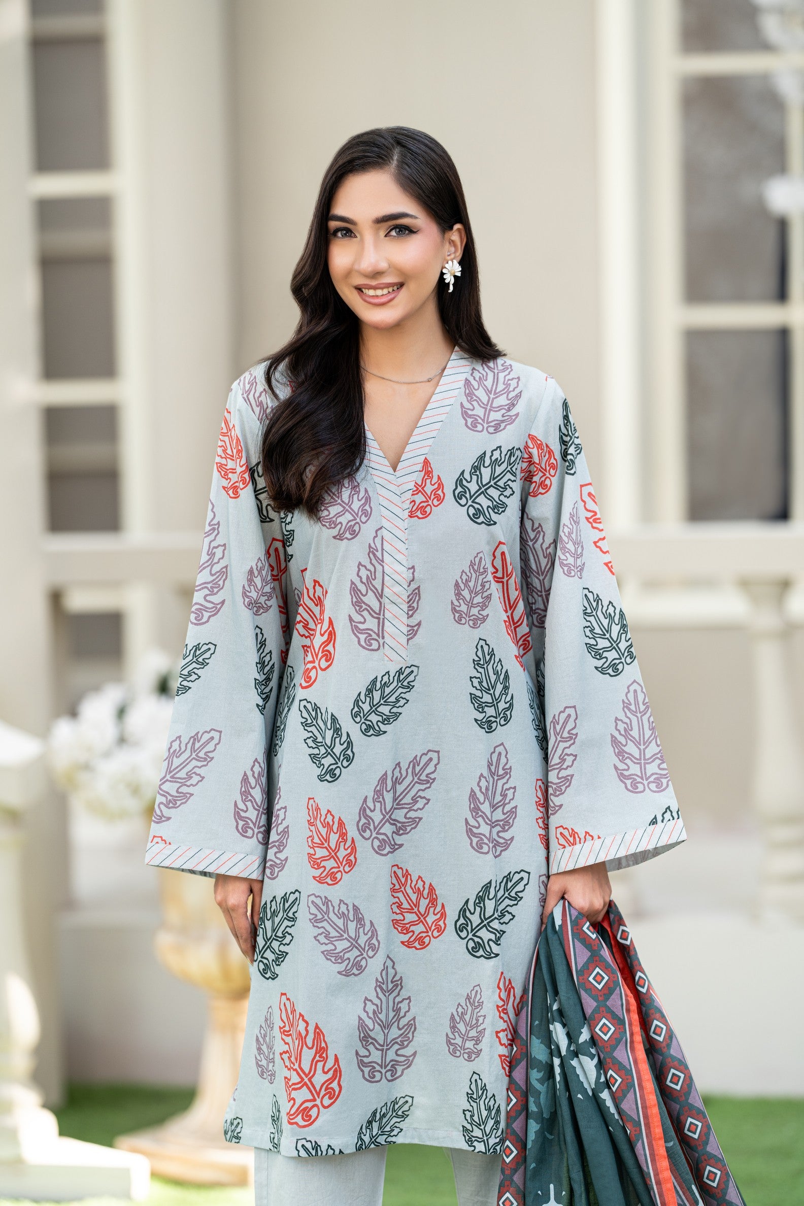 Silver Leaf-3PC Printed Stitch Lawn Suit (Light Gray)-PV1-SV02