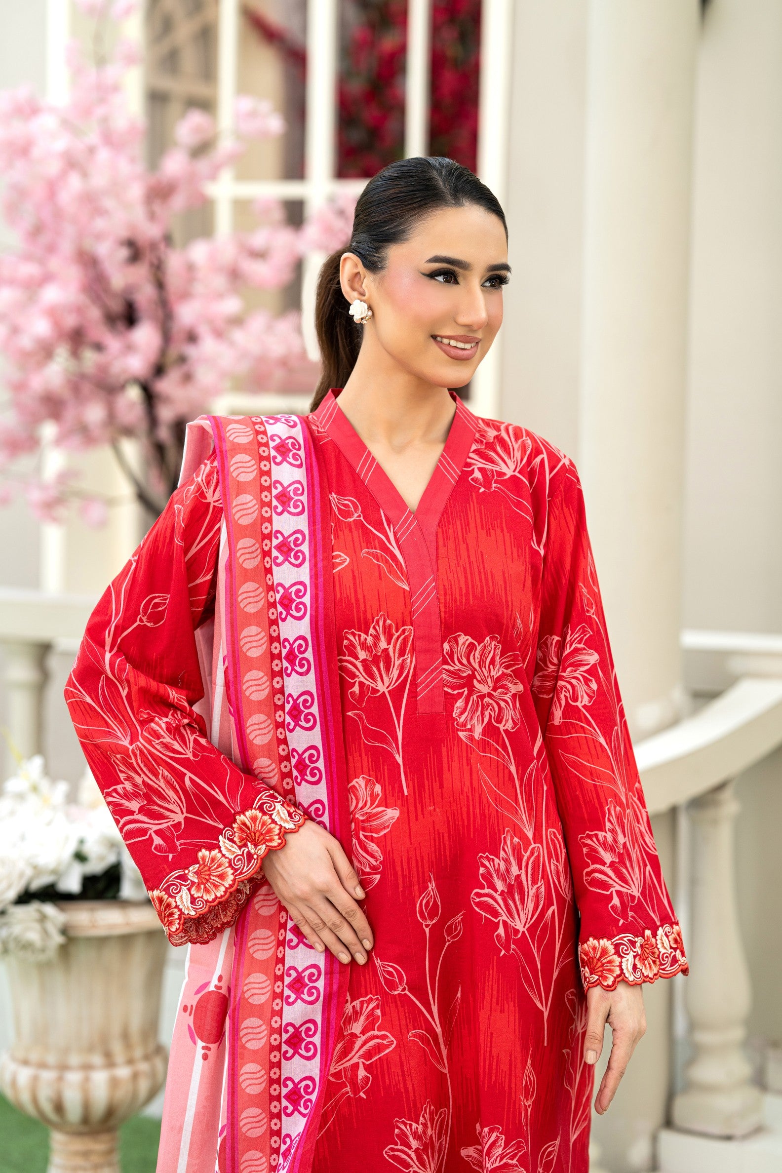 Ruby Bloom-3PC Printed Stitch Lawn Suit (Red)-PV1-SV25