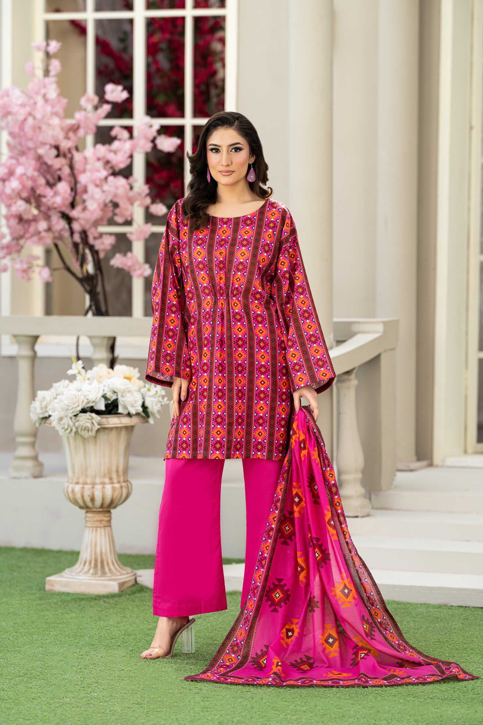 Pink Ethnic Charm-3PC Printed Stitched Lawn Suit-PV1-SV05