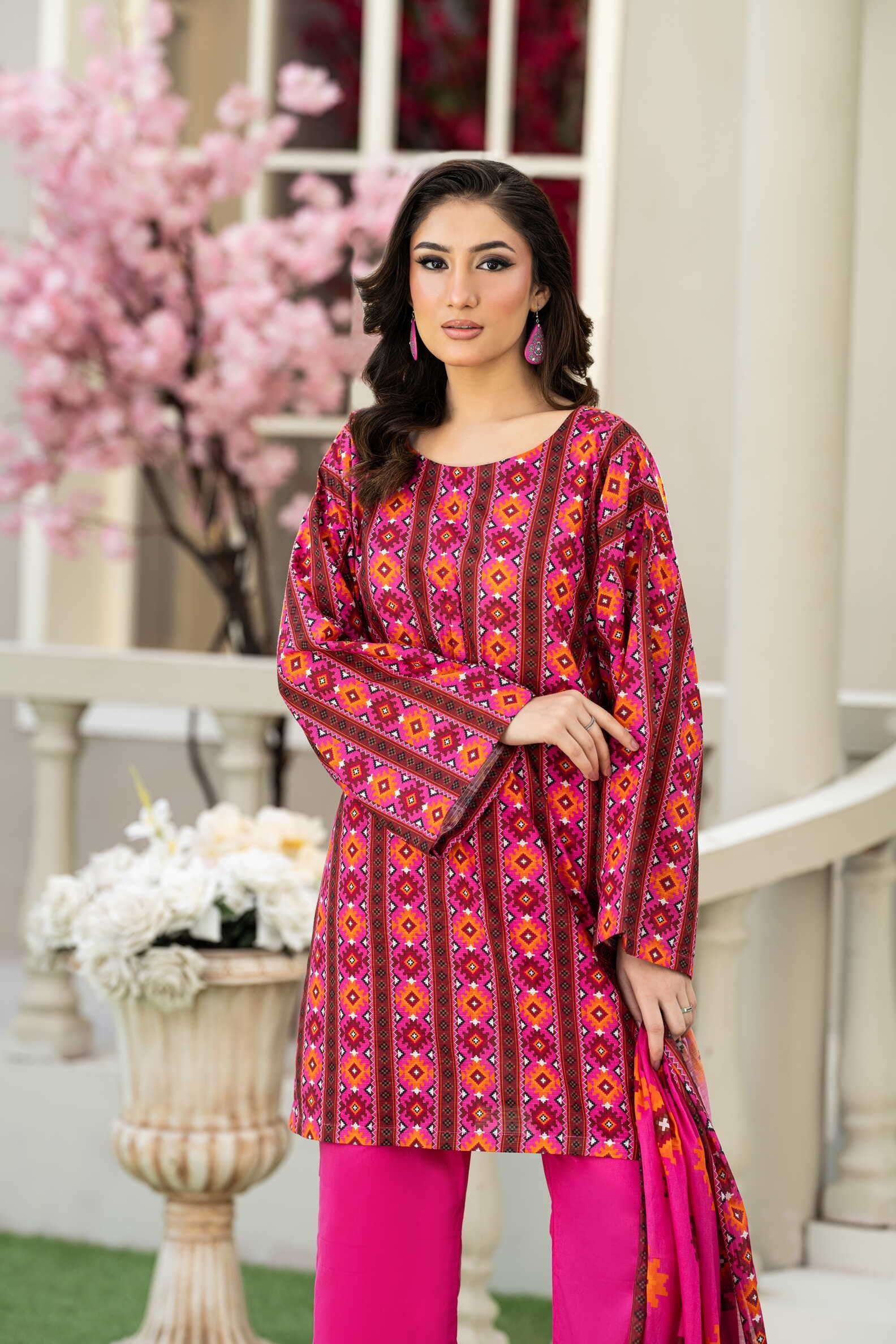 Pink Ethnic Charm-3PC Printed Stitched Lawn Suit-PV1-SV05