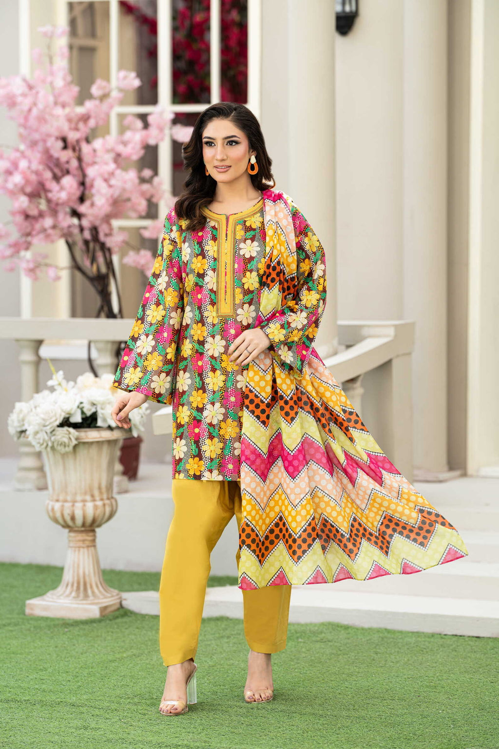 KBC Fashion-3PC Printed Stitch Lawn Suit (Yellow)-PV1-SV15