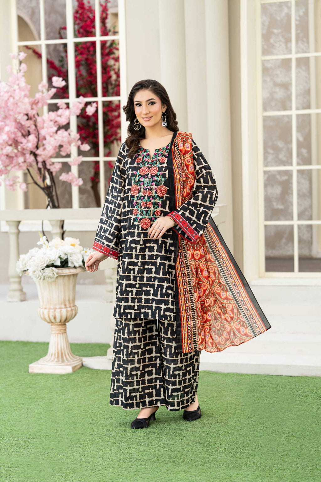 Midnight Bloom – 3PC Embroidered Stitched Suit (Black & white)-PV1-SV-24