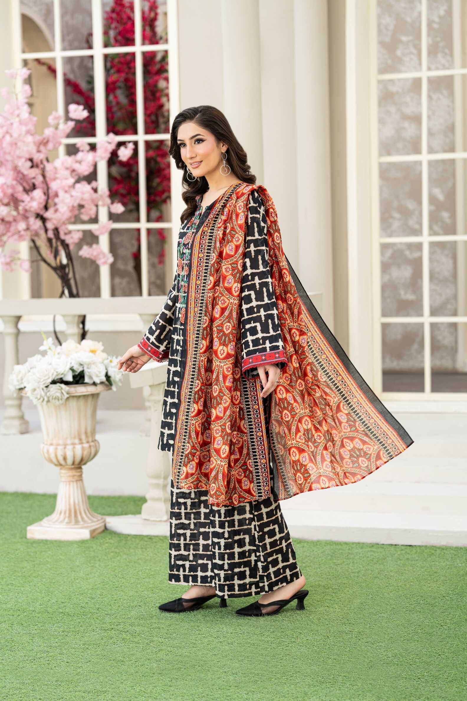 Midnight Bloom – 3PC Embroidered Stitched Suit (Black & white)-PV1-SV-24