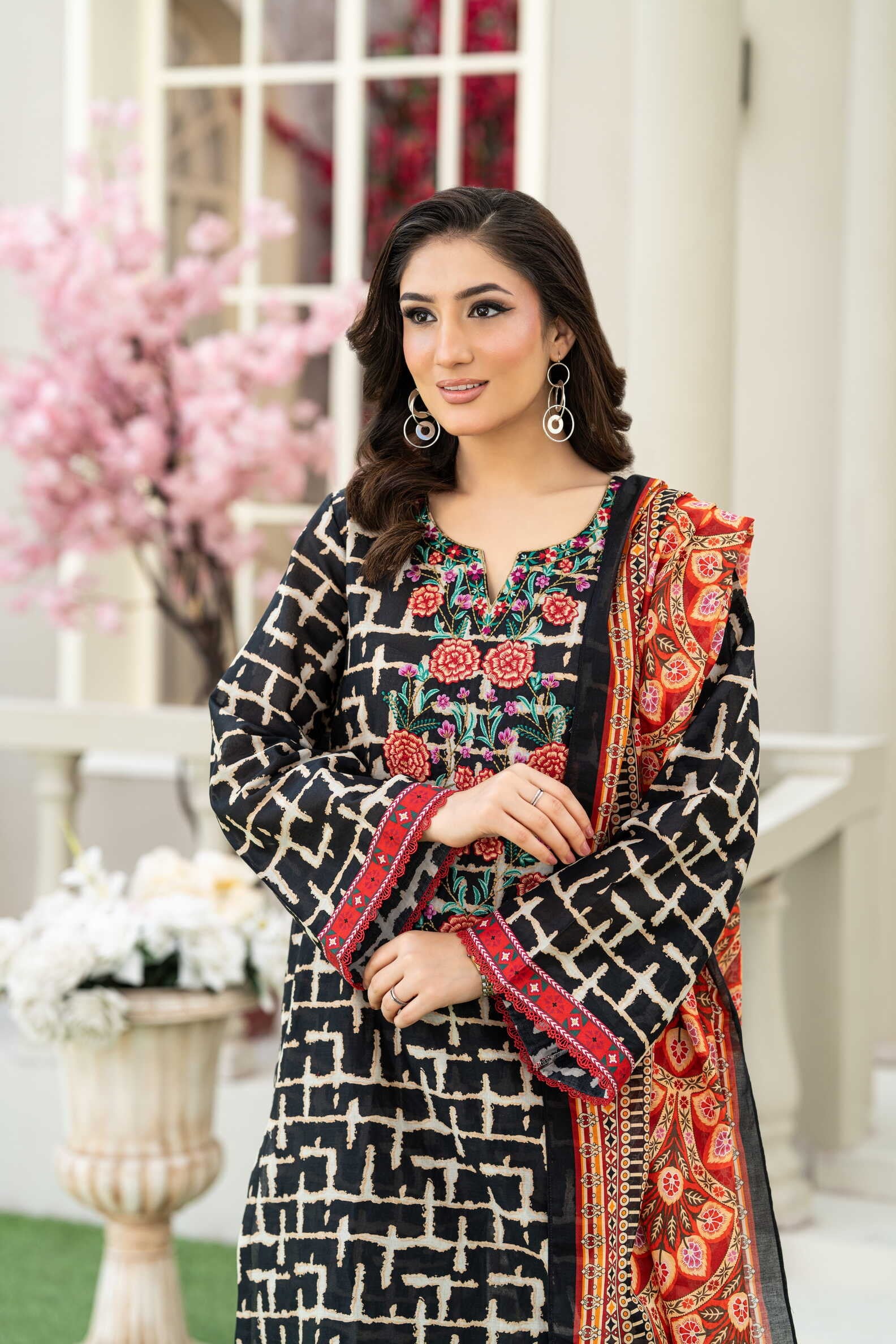 Midnight Bloom – 3PC Embroidered Stitched Suit (Black & white)-PV1-SV-24