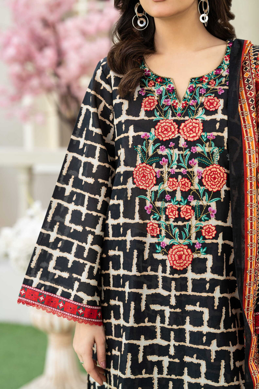 Midnight Bloom – 3PC Embroidered Stitched Suit (Black & white)-PV1-SV-24