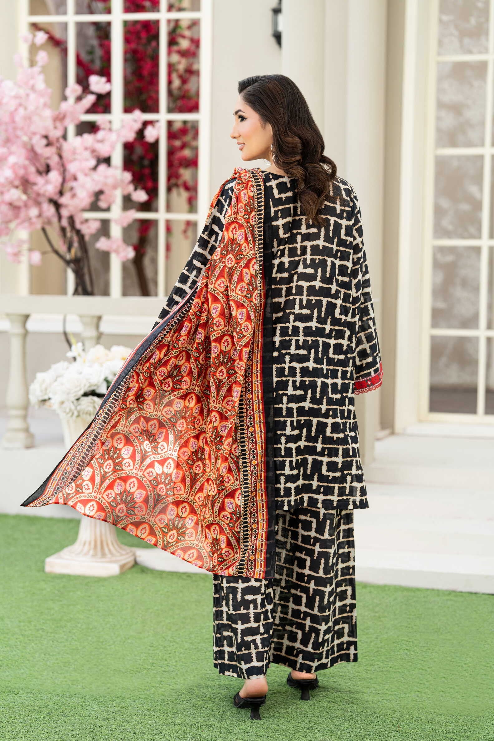 Midnight Bloom – 3PC Embroidered Stitched Suit (Black & white)-PV1-SV-24