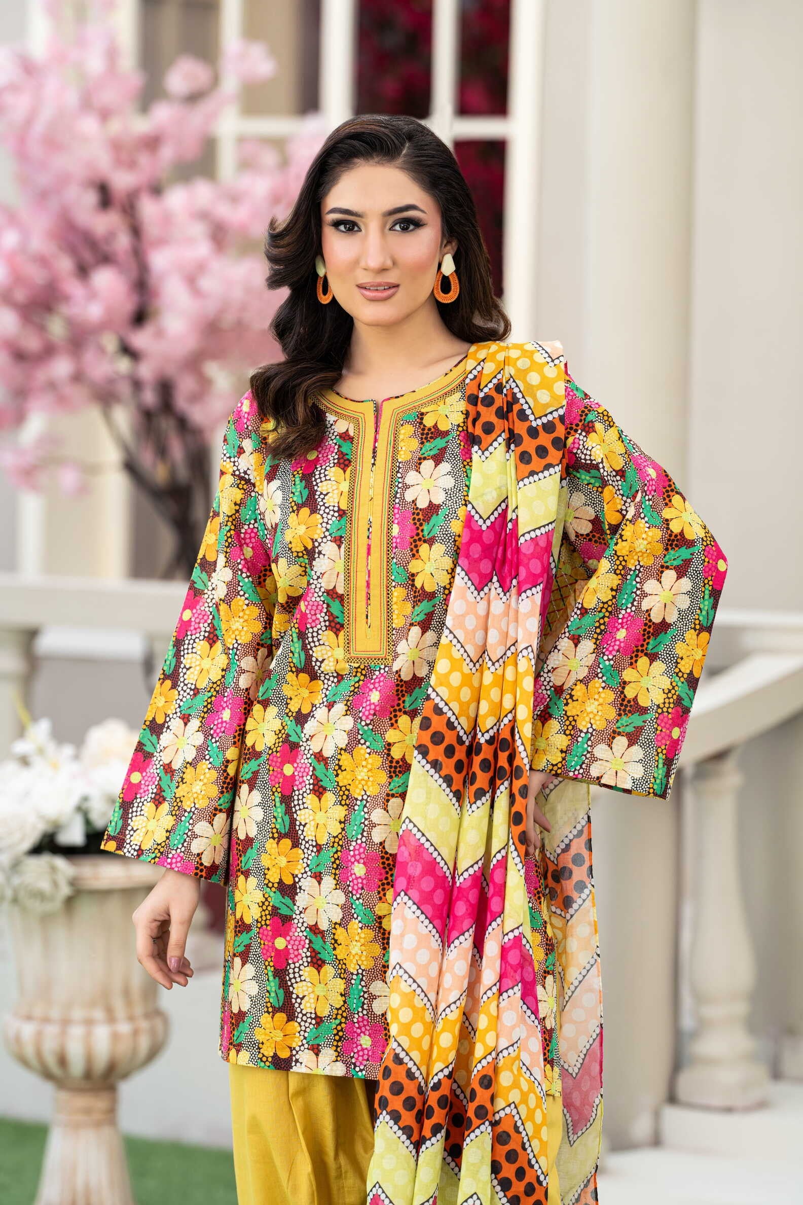 KBC Fashion-3PC Printed Stitch Lawn Suit (Yellow)-PV1-SV15