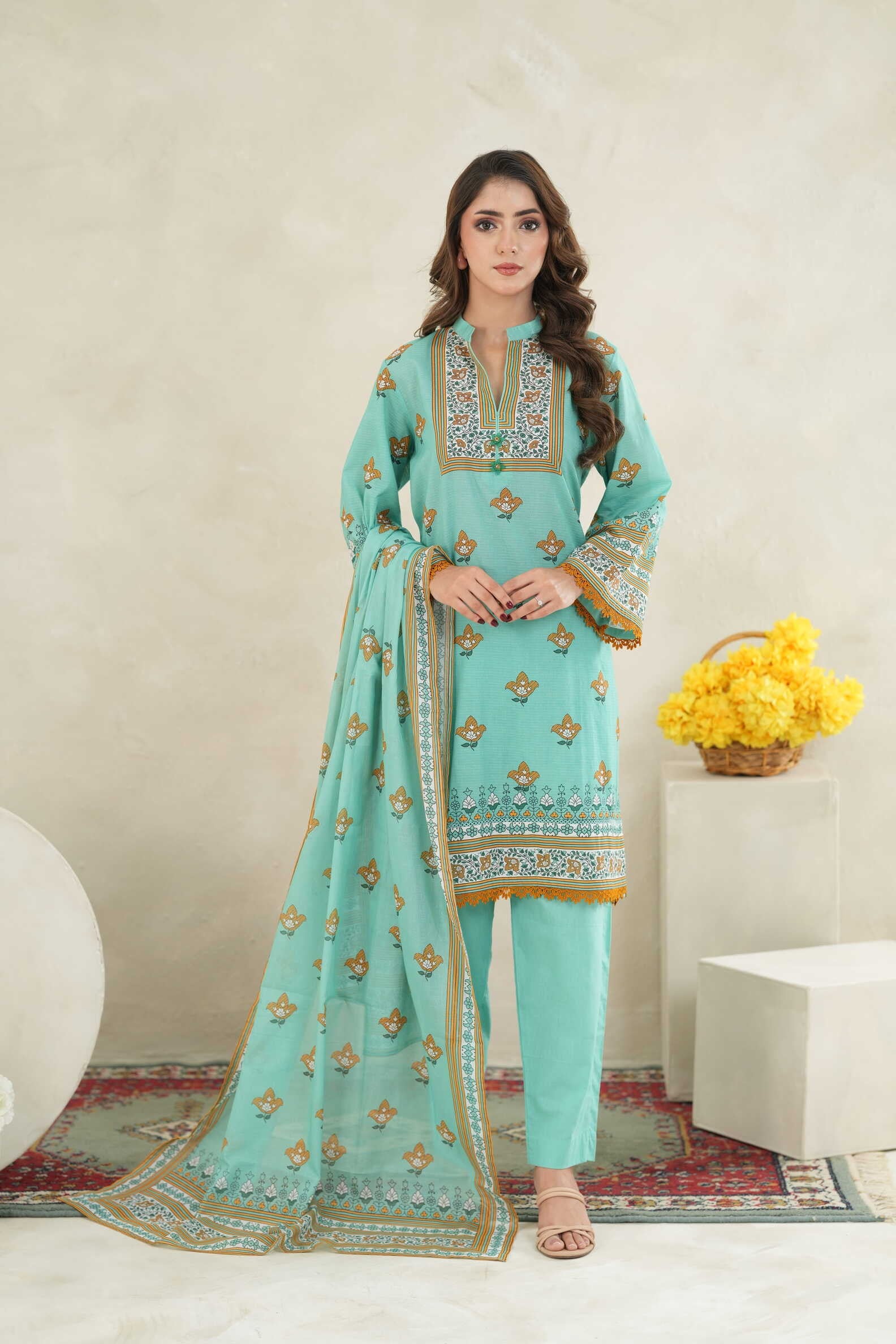 KBC Fashion-3PC Printed Stitch Lawn Suit (Teal sea)-PV1-SV36