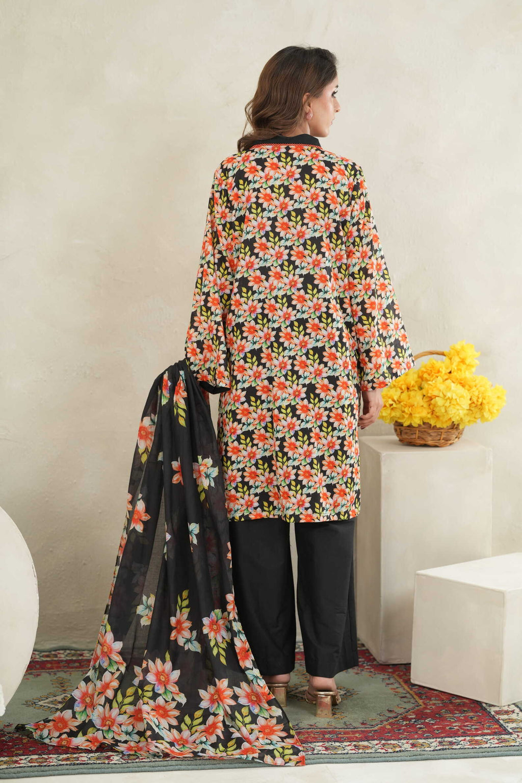 Noir Floral-3PC Printed Stitch Lawn Suit (Black & Pink)-PV1-SV35