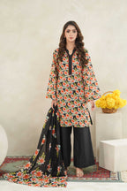 Noir Floral-3PC Printed Stitch Lawn Suit (Black & Pink)-PV1-SV35