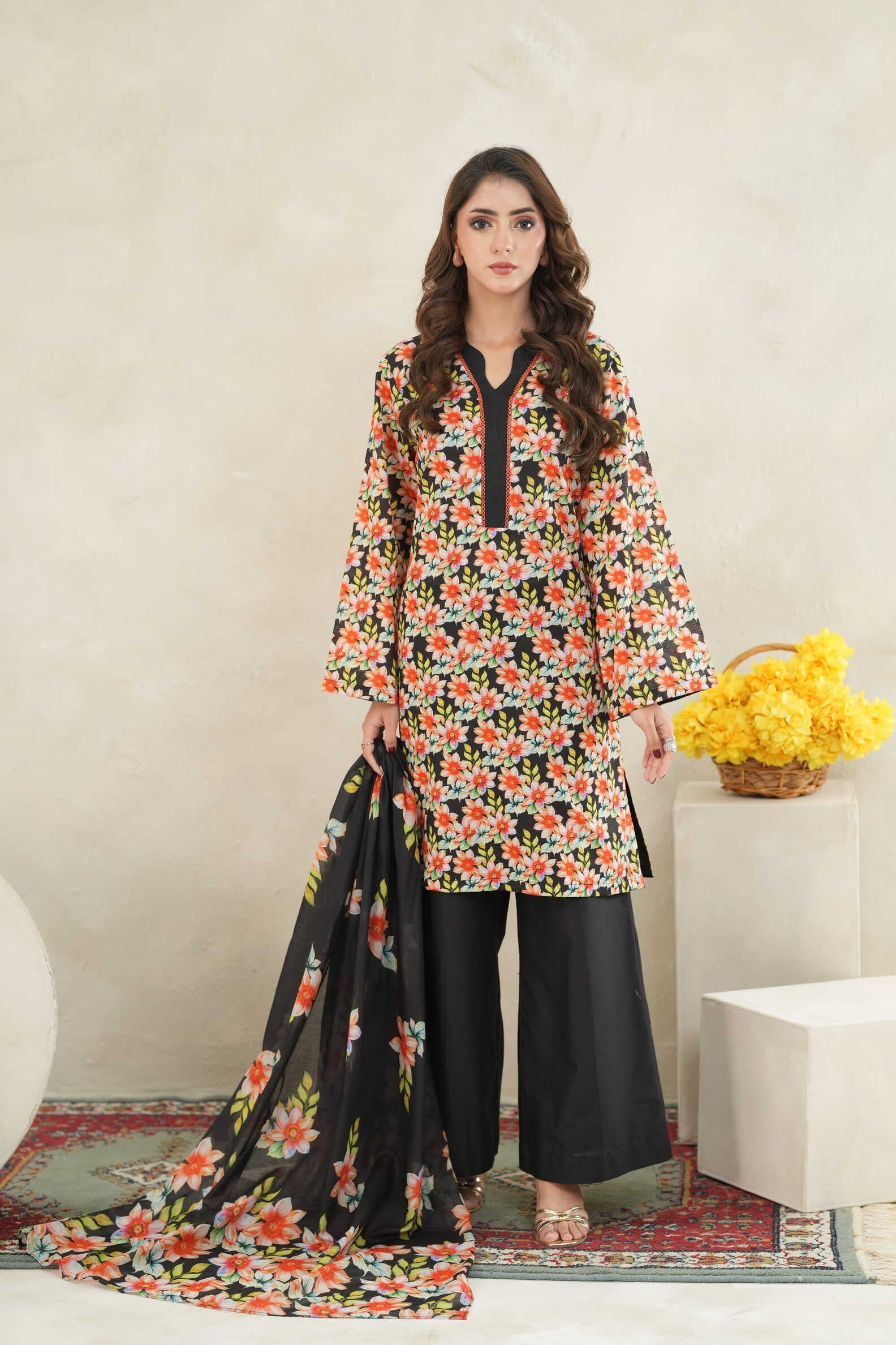 Noir Floral-3PC Printed Stitch Lawn Suit (Black & Pink)-PV1-SV35