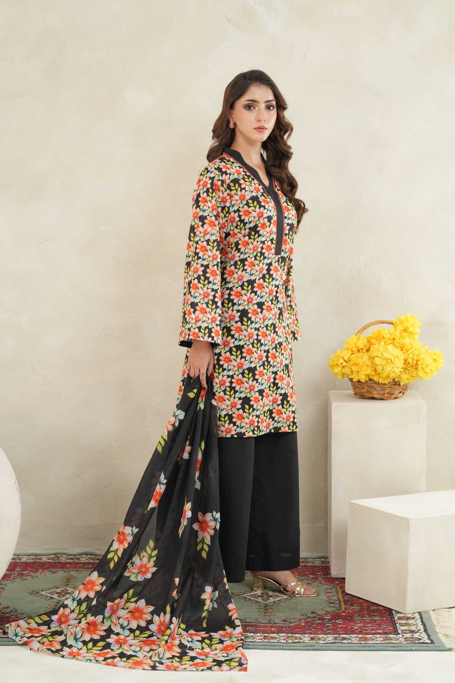 Noir Floral-3PC Printed Stitch Lawn Suit (Black & Pink)-PV1-SV35