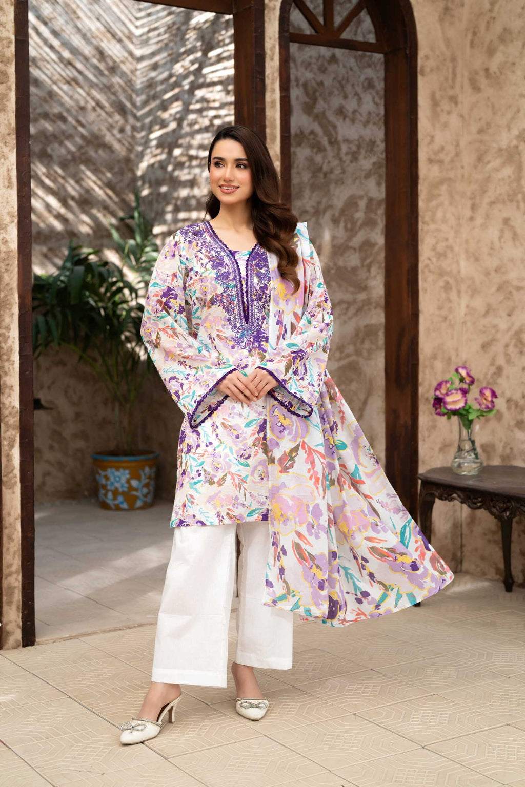 Lavender Garden – 3PC Embroidered Stitched Suit (white)-PV1-SV-23
