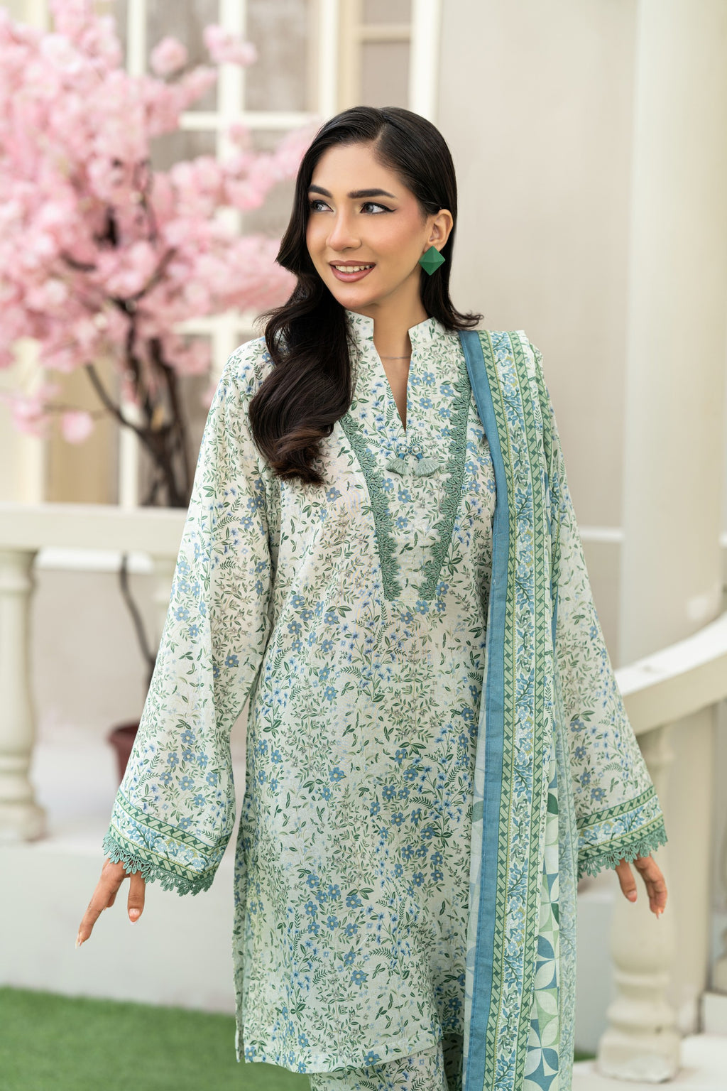 KBC Fashion-3PC Printed Stitch Lawn Suit (Green & Cream)-PV1-SV18