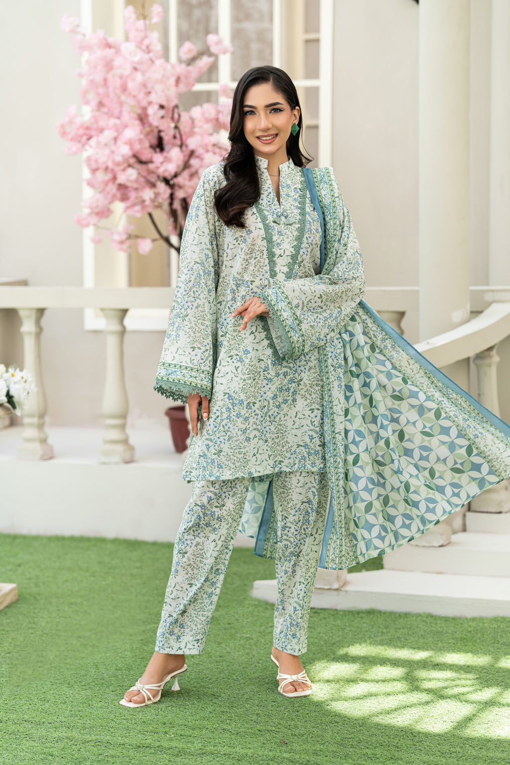KBC Fashion-3PC Printed Stitch Lawn Suit (Green & Cream)-PV1-SV18
