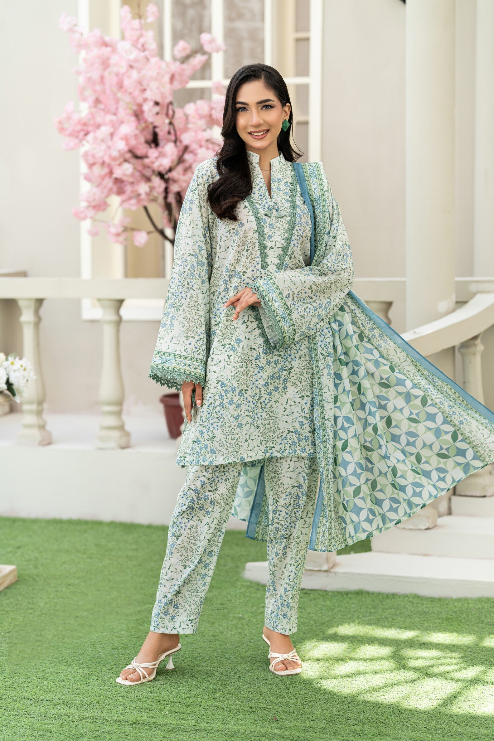 KBC Fashion-3PC Printed Stitch Lawn Suit (Green & Cream)-PV1-SV18